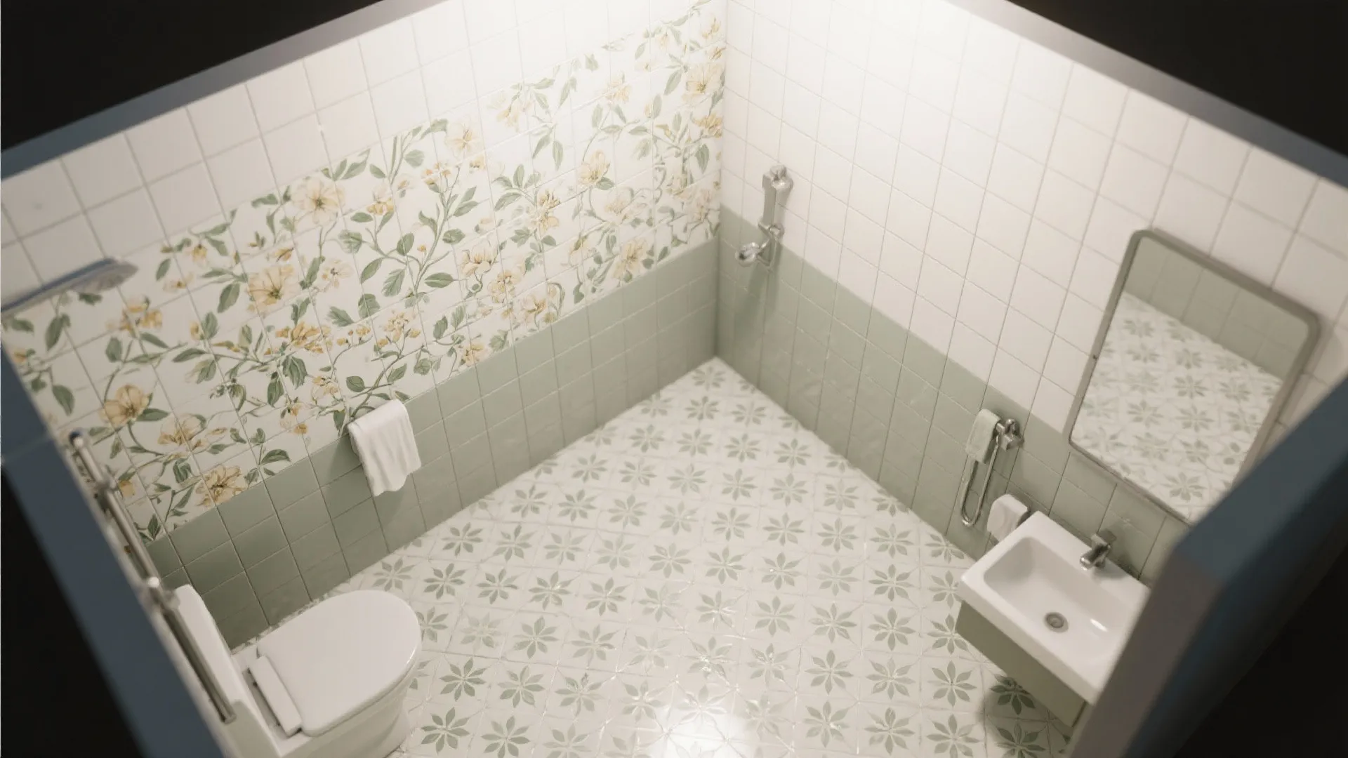 Small bathroom with floral wall tiles green floor tiles white toilet sink and wall light