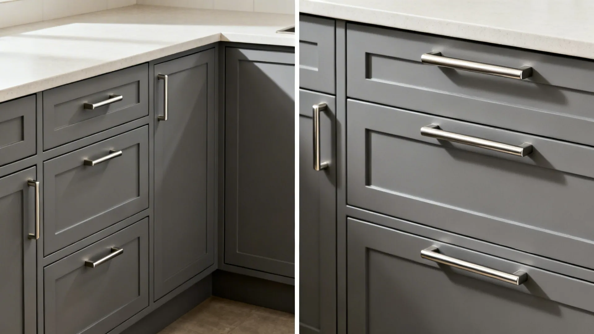 Before and after view showing uniform short pulls versus mixed lengths on drawers and doors.