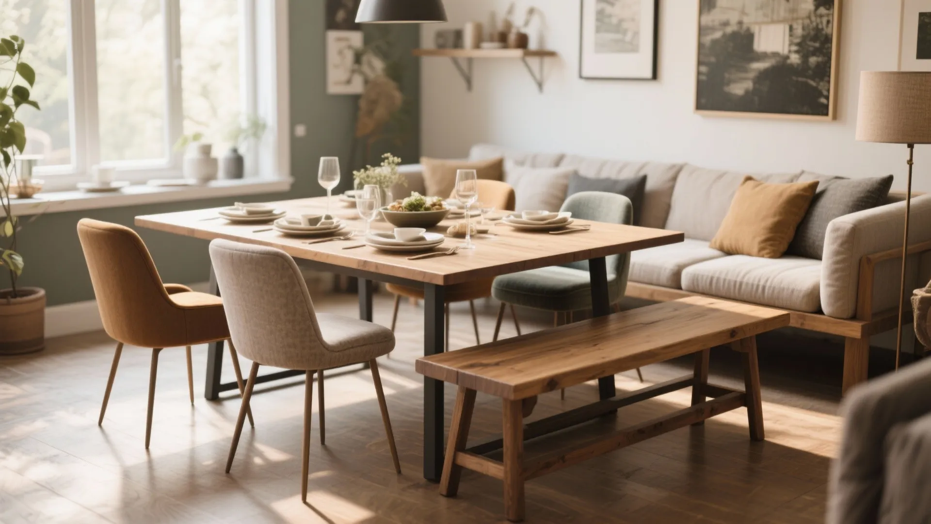Dining table with upholstered chairs and wooden bench
