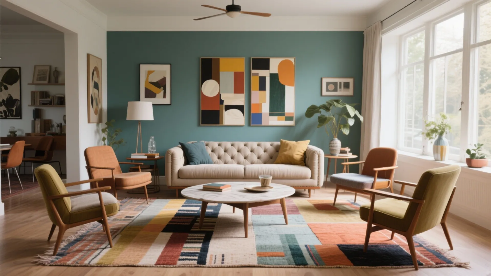 Living room with a tufted sofa and mismatched chairs