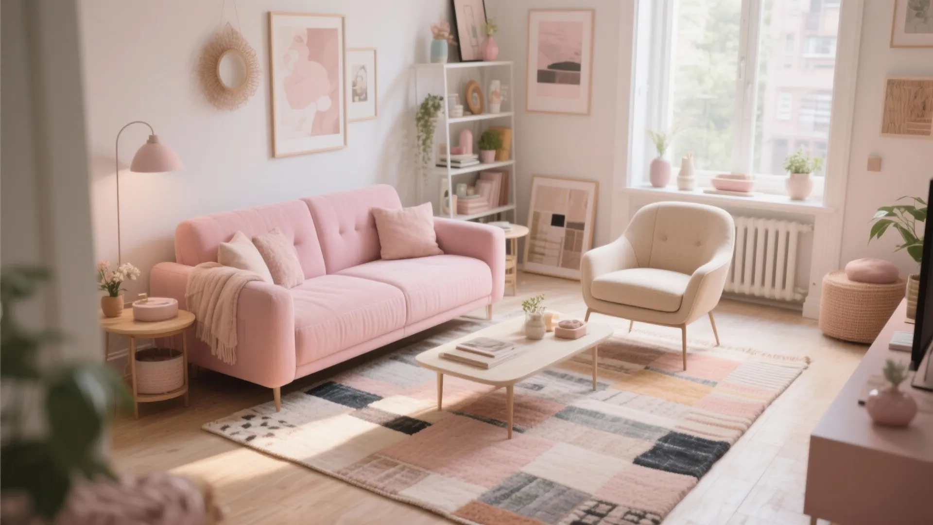 Pink sofa and white armchair on a patterned rug in a bright modern living room