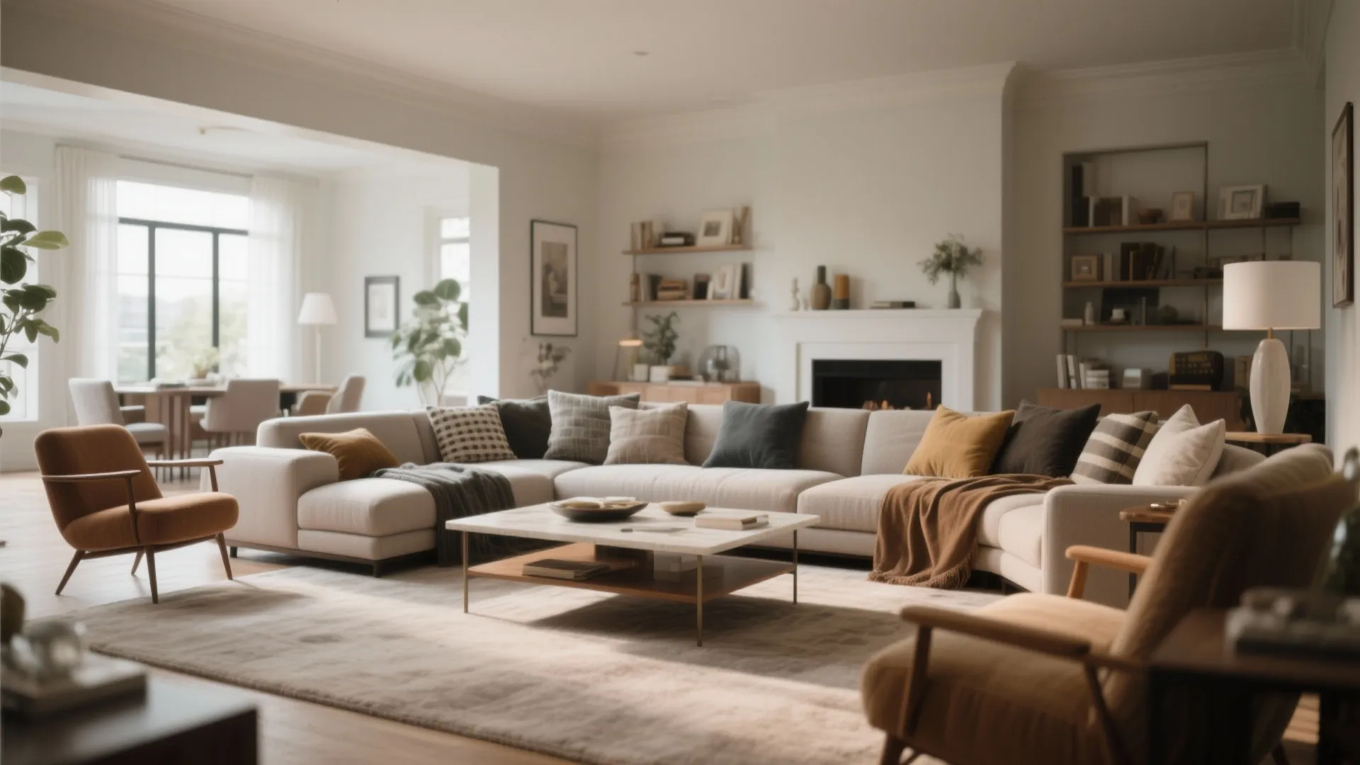 Spacious open living area featuring large sectional sofa marble coffee table and cozy fireplace background design