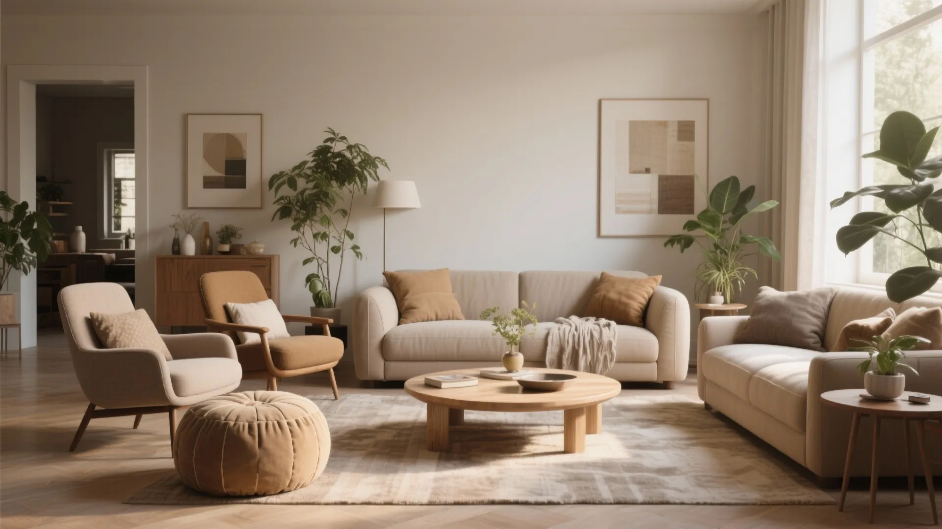 Neutral living room with beige sofas wooden coffee table round footrest green plants and wall art