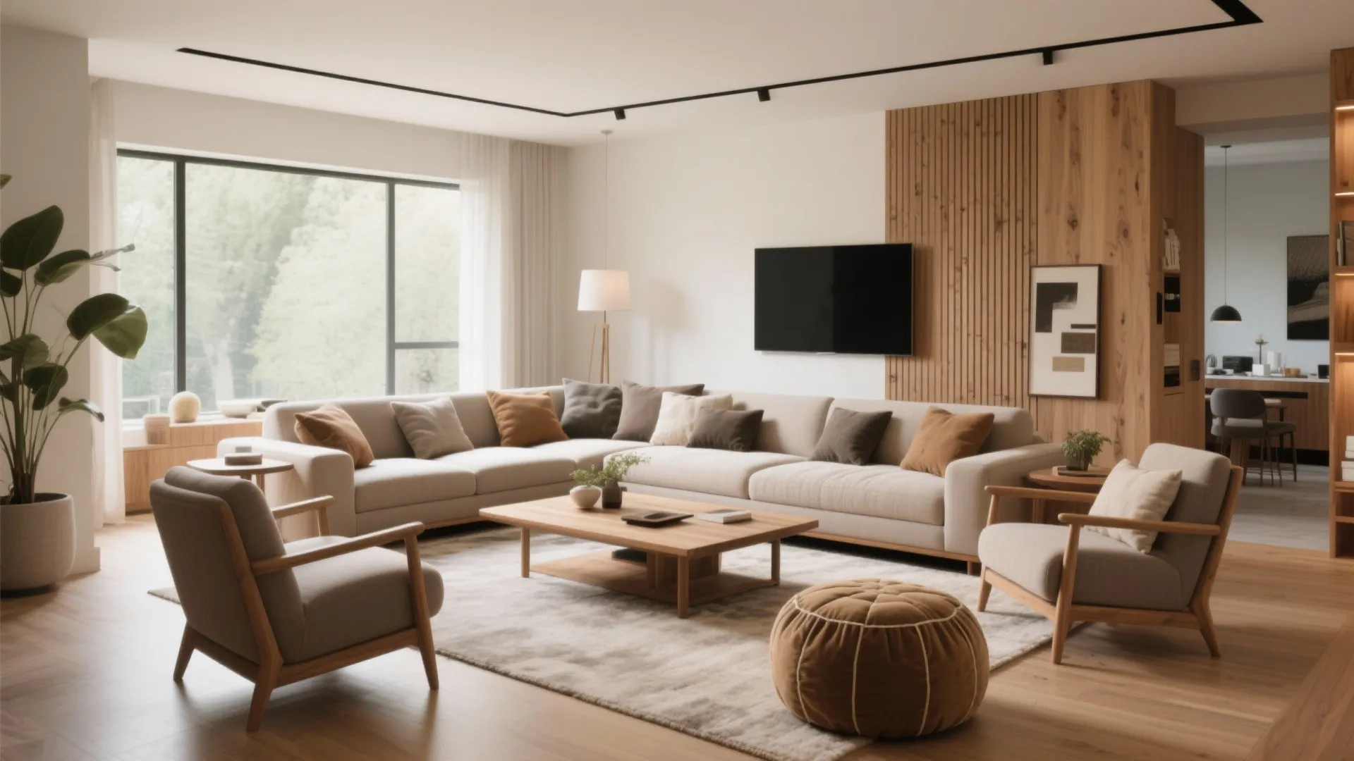 Spacious modern living room with large corner sofa two wooden armchairs and a brown footrest