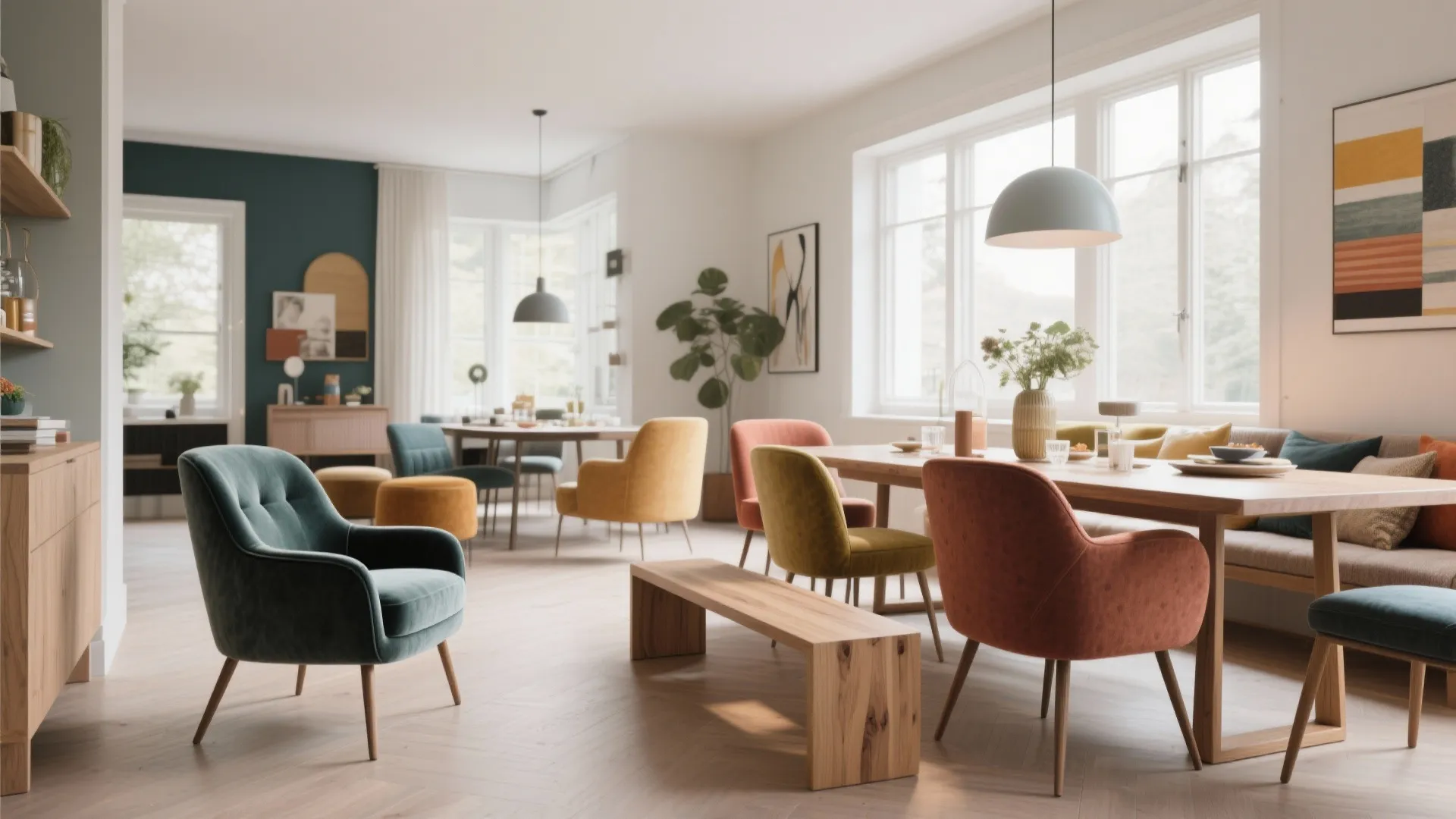 Bright open living space featuring colorful chairs wood bench dining table large windows and light