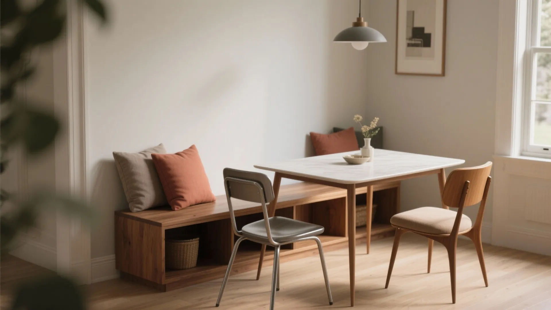 Dining area with marble table, wooden bench, grey chair, orange pillows, and grey ceiling light