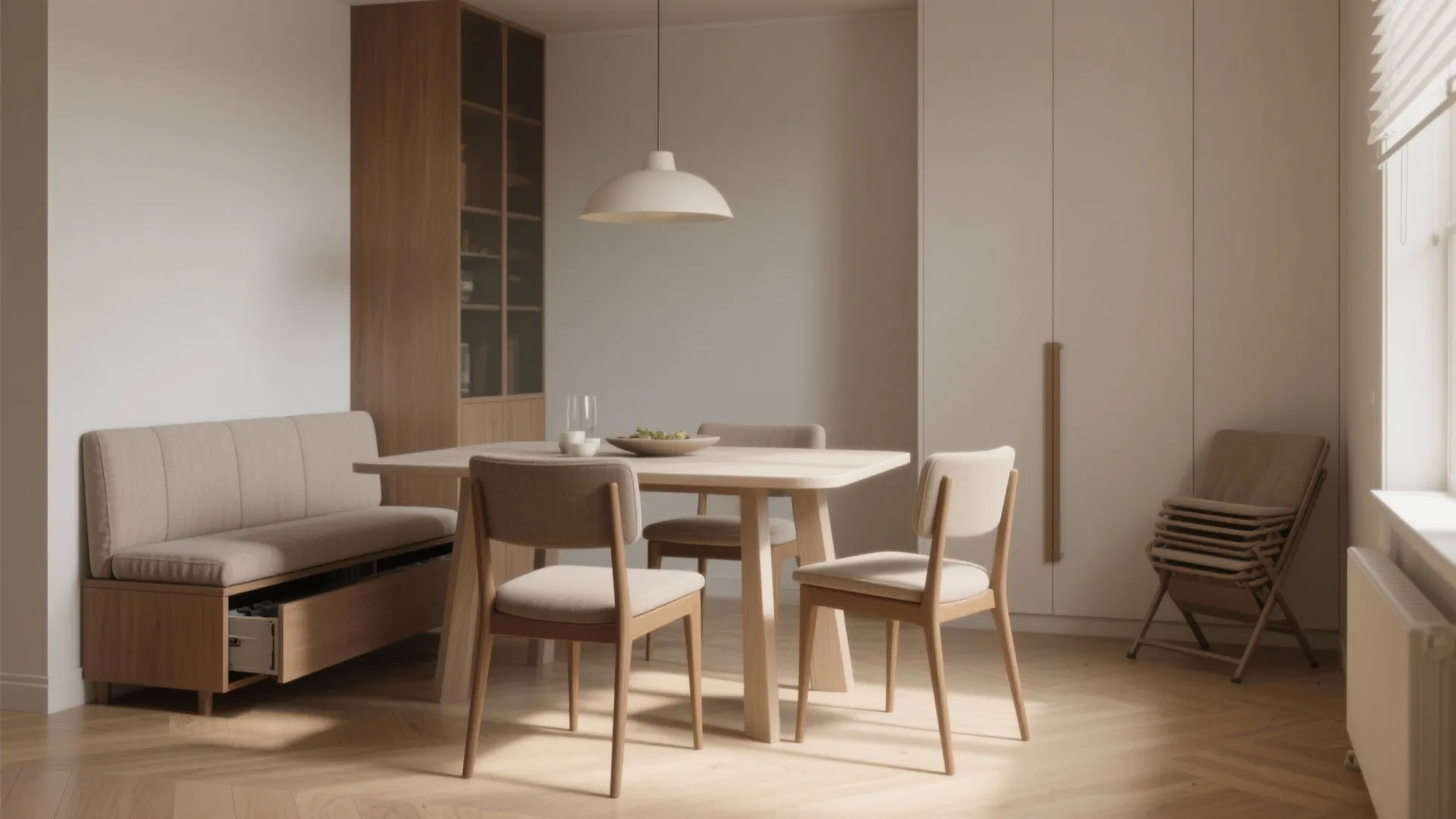 Minimalist dining area with wooden table, beige chairs, bench seat, white cabinet, and ceiling light