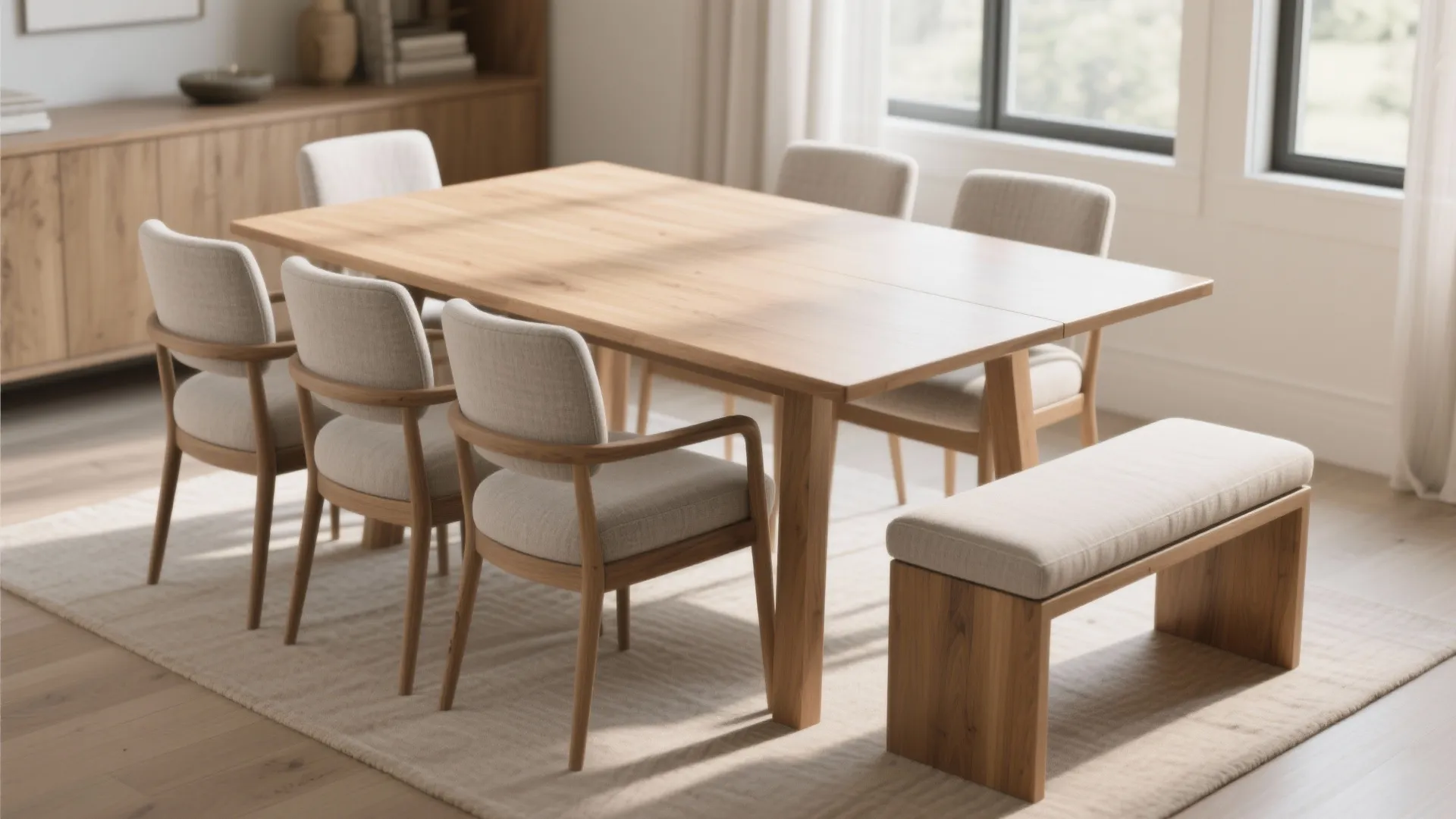 Modern wood dining table with fabric chairs and a bench on a beige rug area
