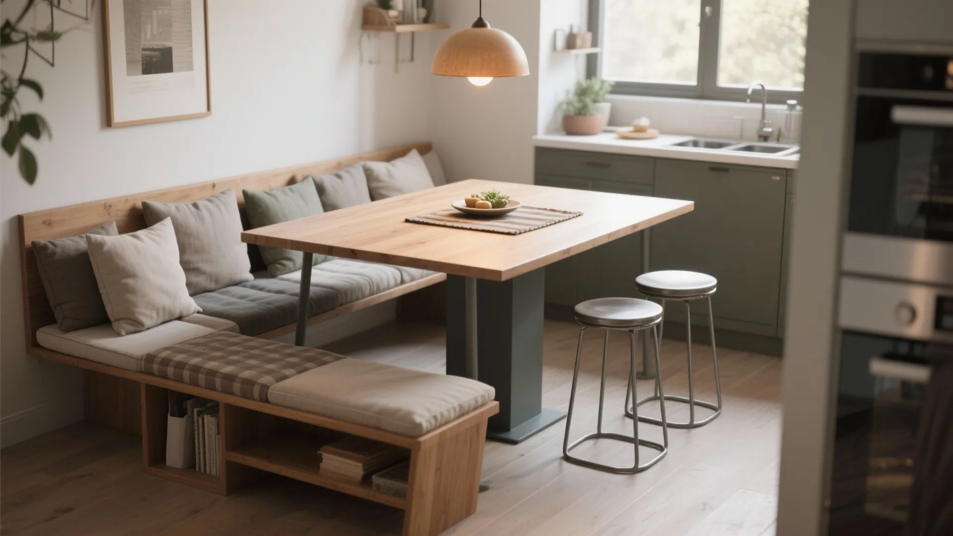Light wood dining table with built-in corner bench and two metal stools in modern kitchen