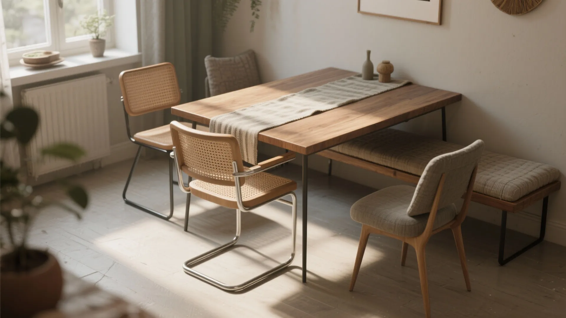 4. Mix chairs and benches — visual variety, fewer inches