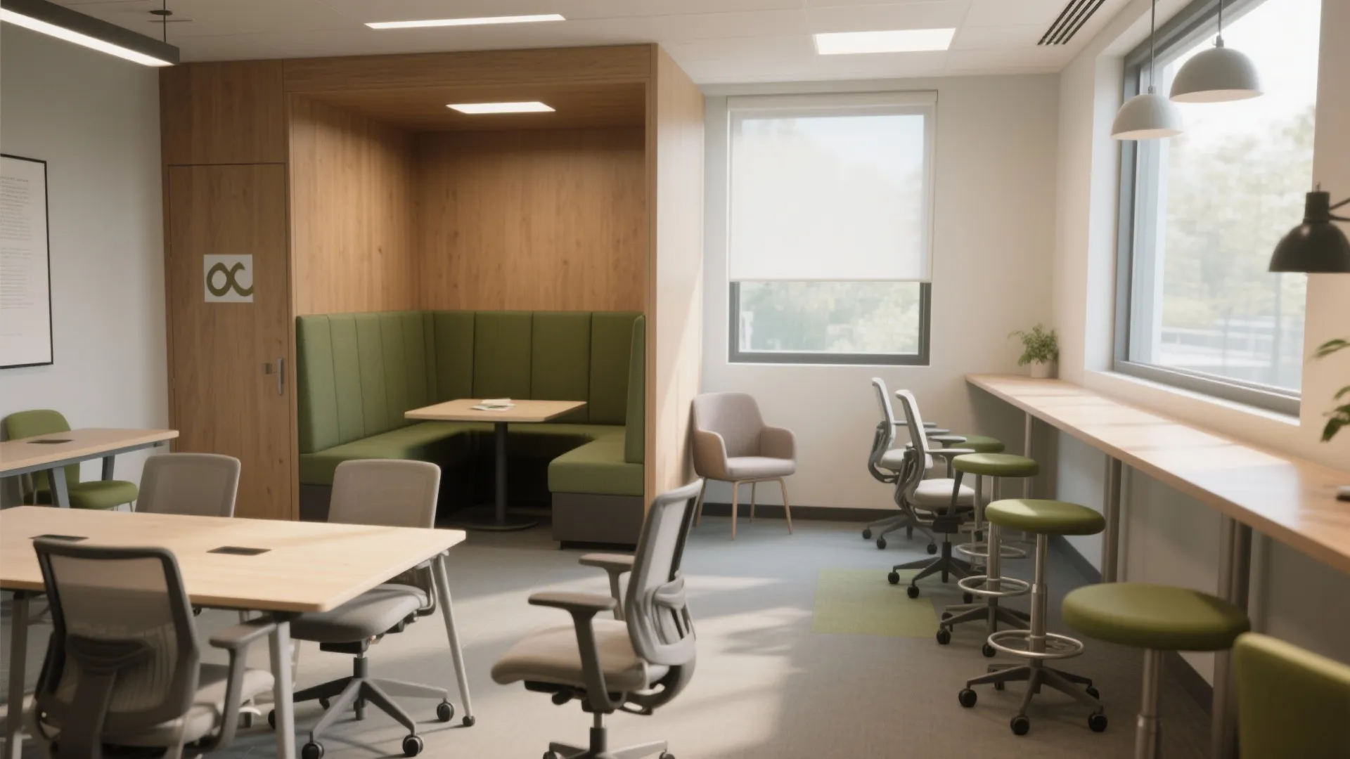 Open office workspace with wooden booth seating long tables green stools and bright natural light