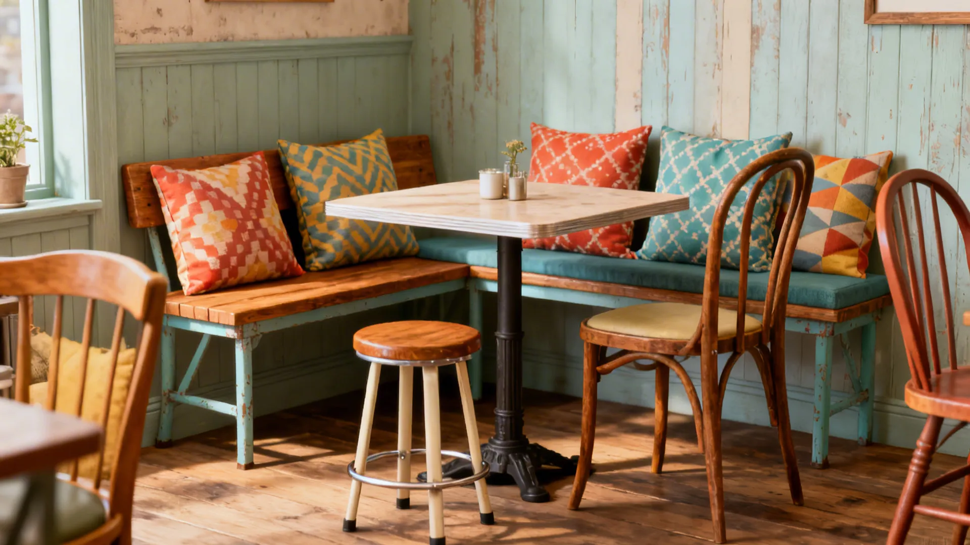 Eclectic dining setup with mismatched chairs, a stool and a bench around a small table, tied together by cushions.