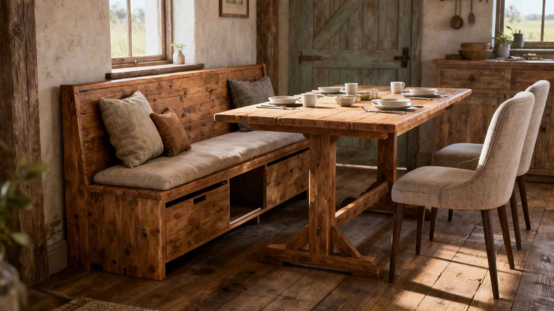 Dining table with a wooden bench and upholstered chairs showing mixed seating and cushions