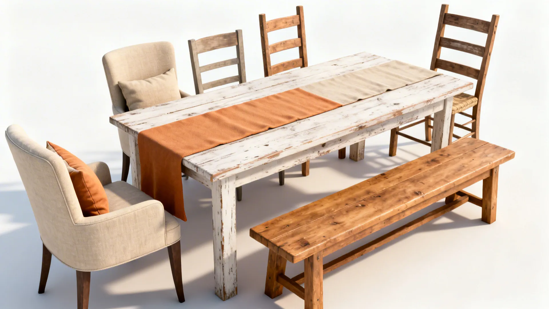 Farmhouse dining table with mix-and-match seating including a bench and ladder-back chairs.