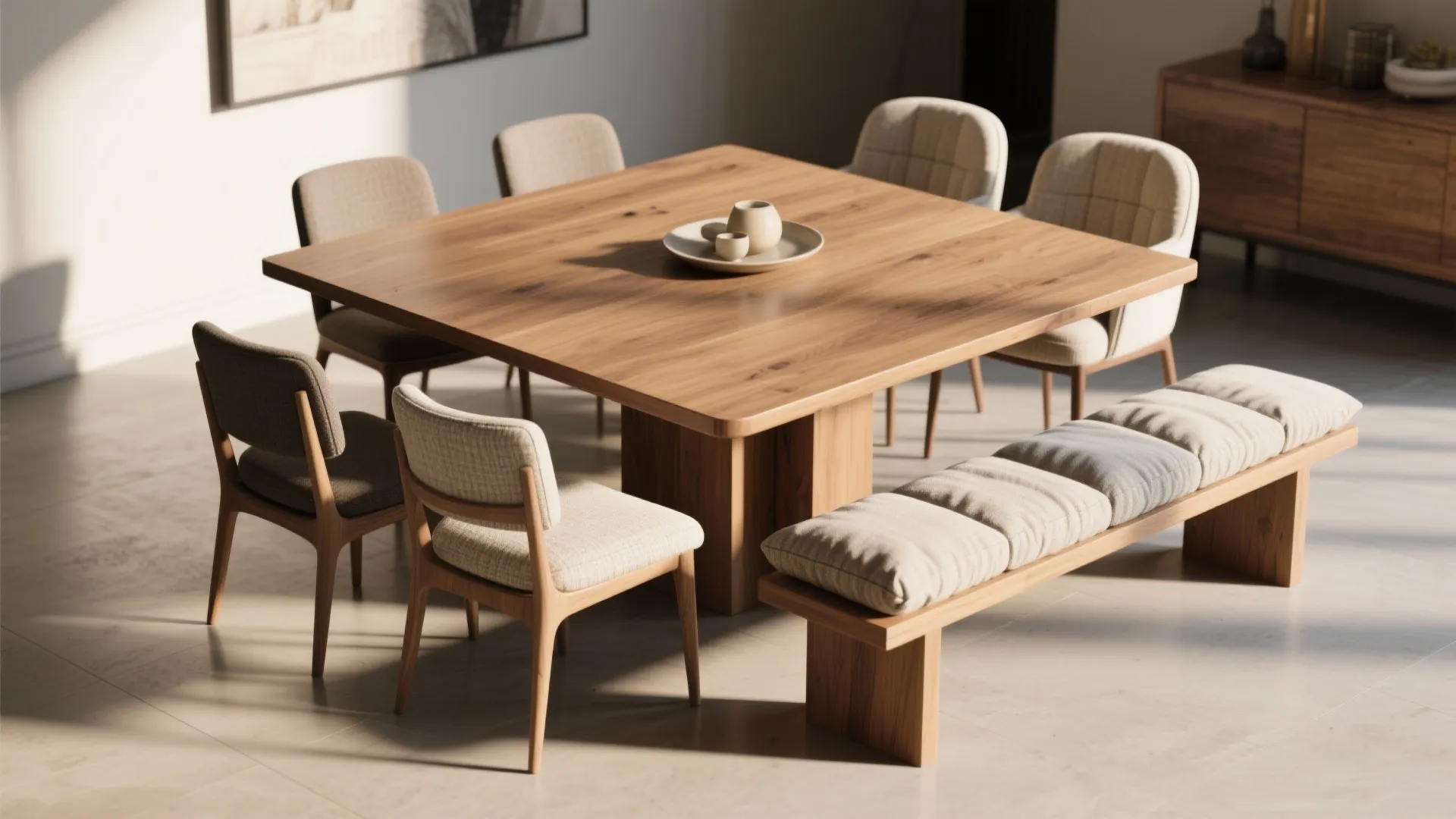Modern dining room featuring a square wooden table beige chairs and cushioned wooden seating bench