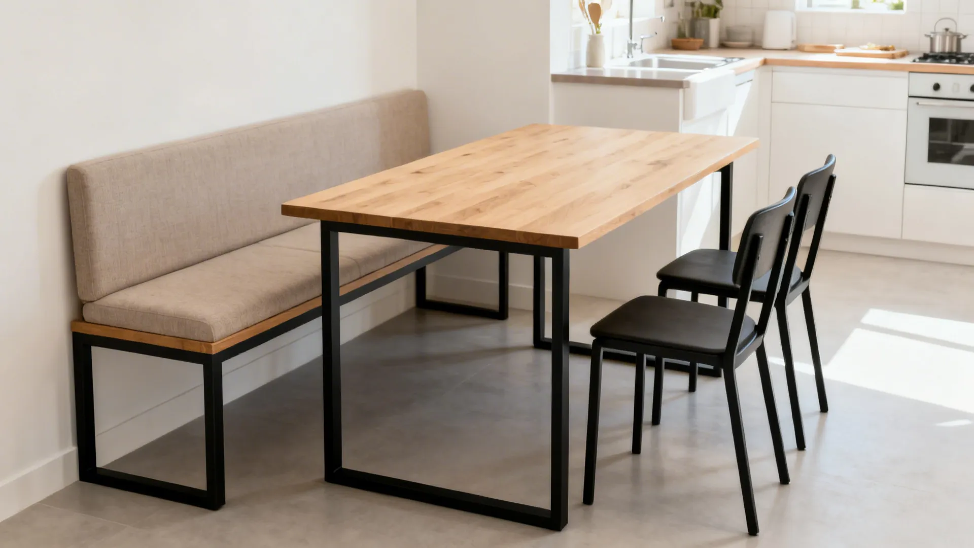 Bench along the wall paired with two armless chairs across a rectangular table.