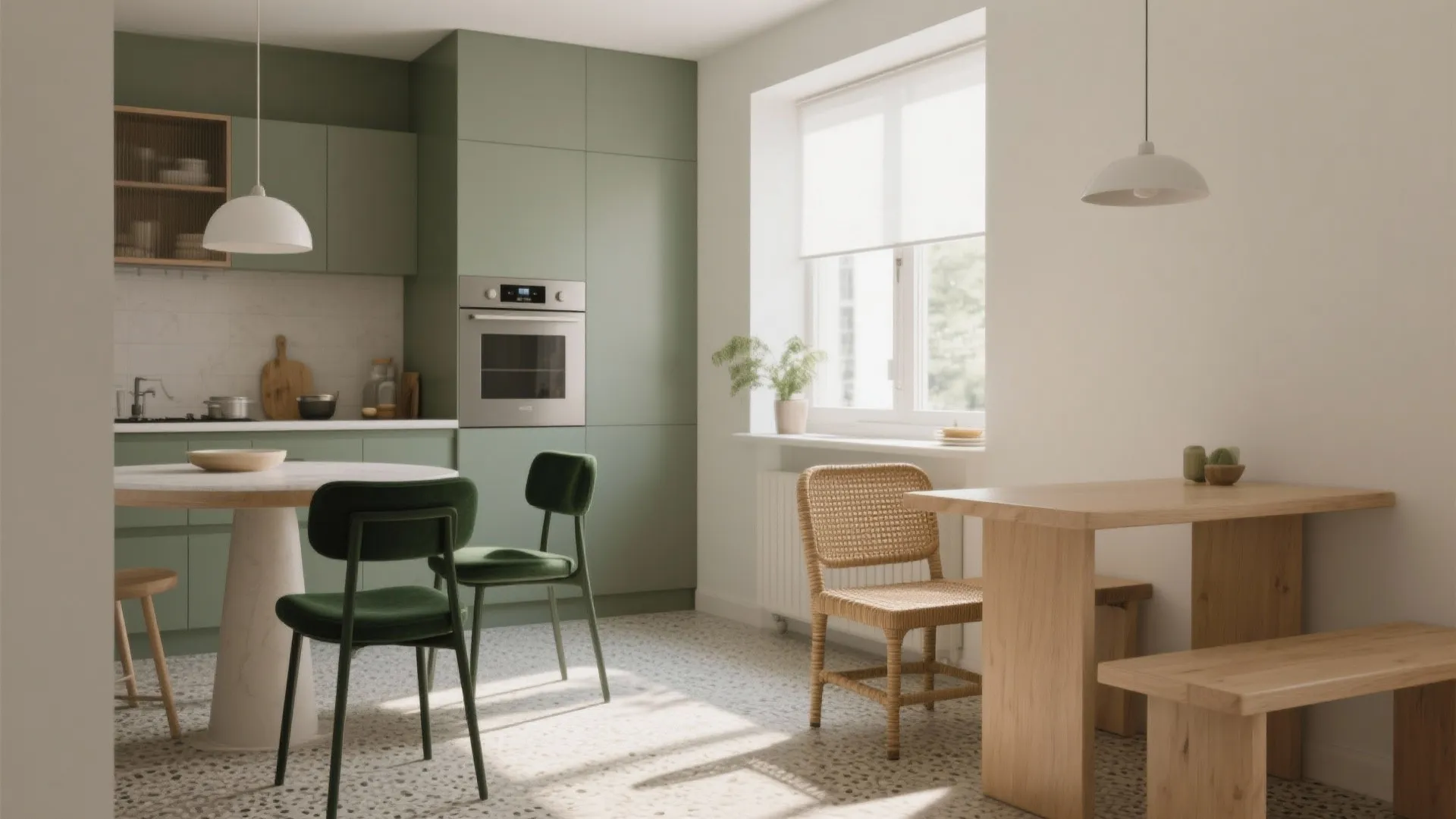Compact dining area with dark green chairs mixed with a rattan bench and wooden bench