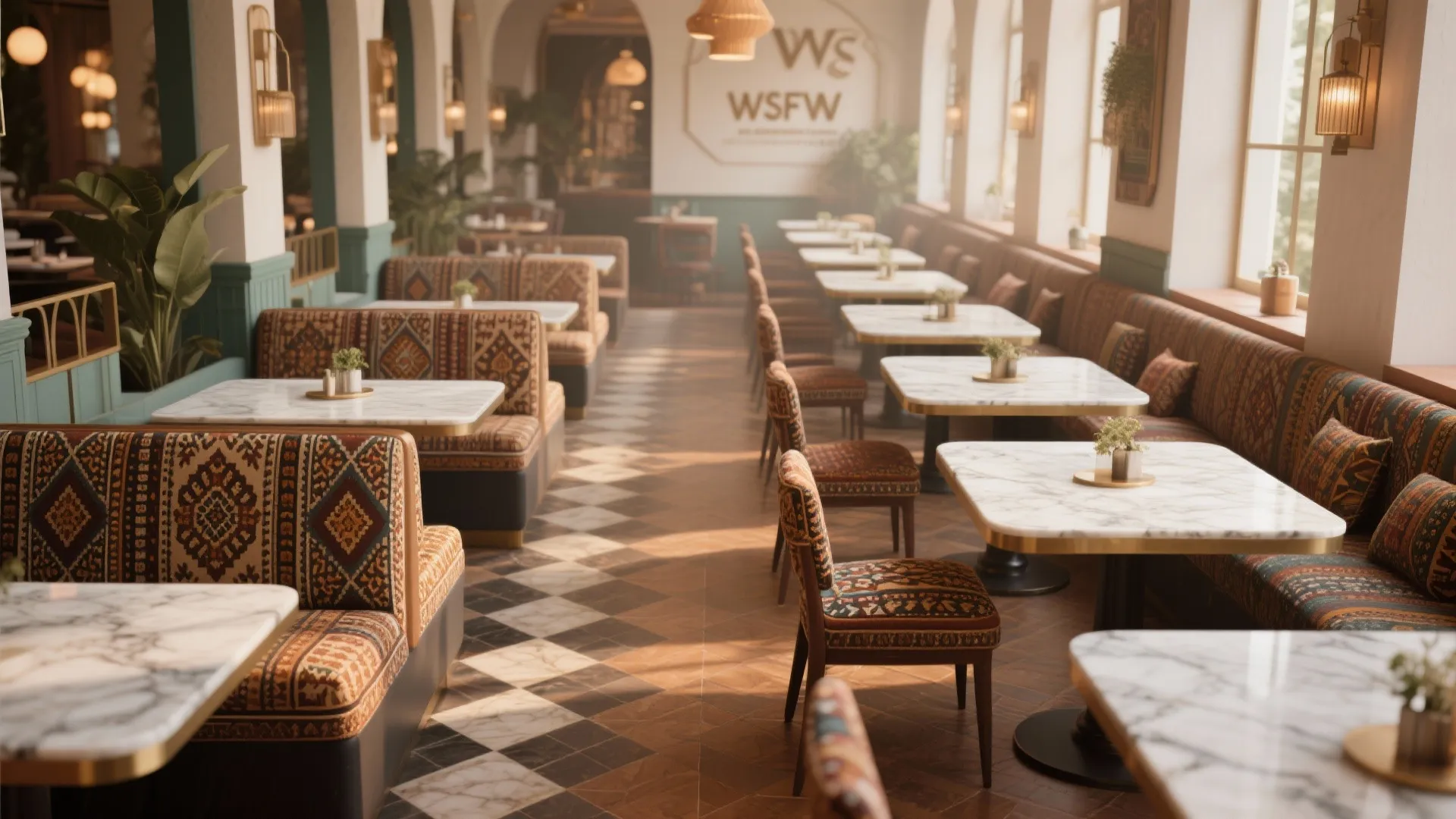 Restaurant interior mixing traditional Indian booths and modern tables