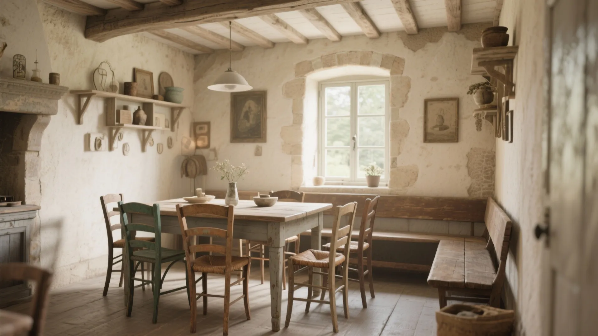 Rustic dining room with wooden table mixed chairs wall shelves and a simple white ceiling light