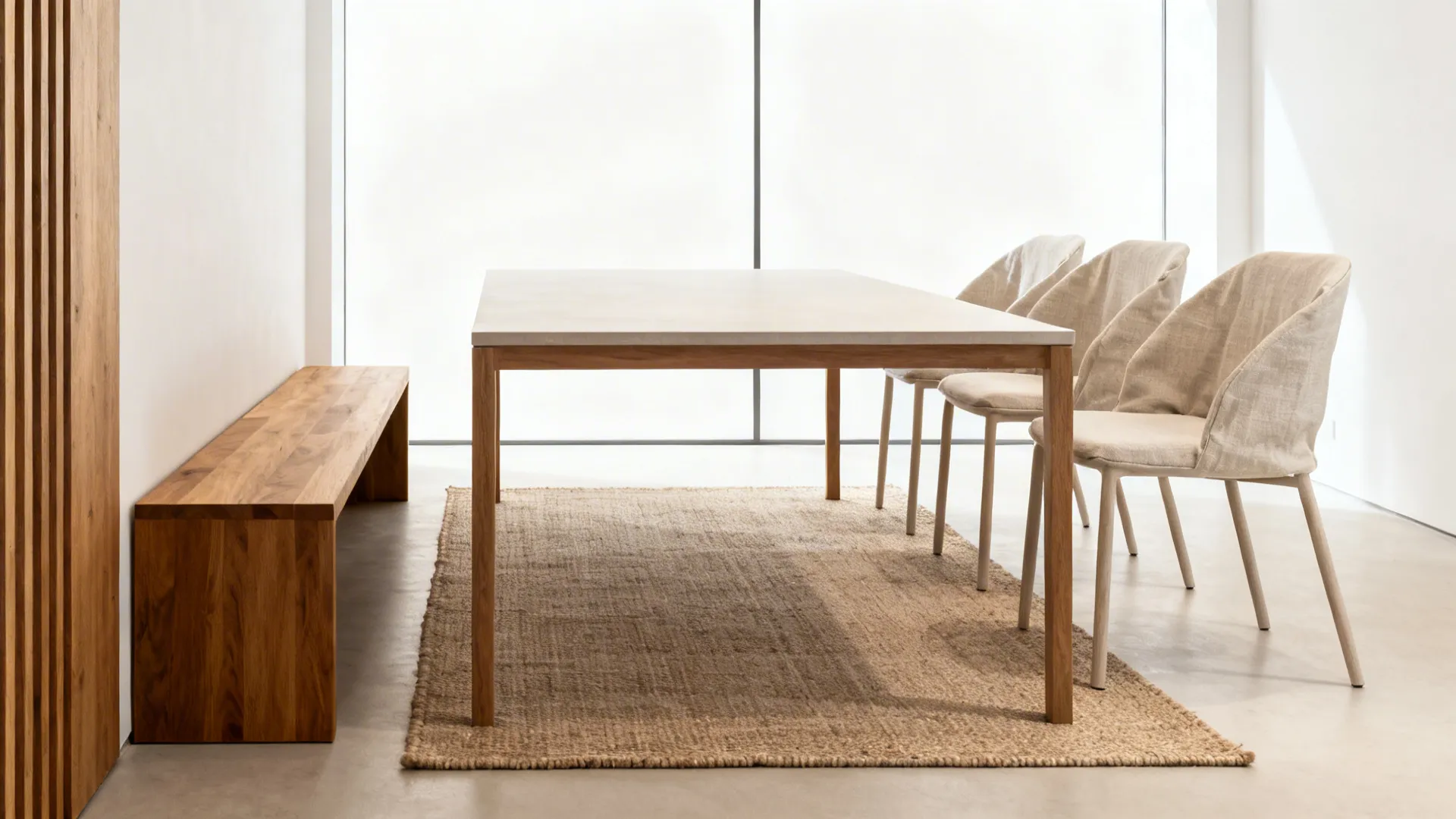 Dining table with wall bench on one side and three light chairs opposite on a flat-weave rug.