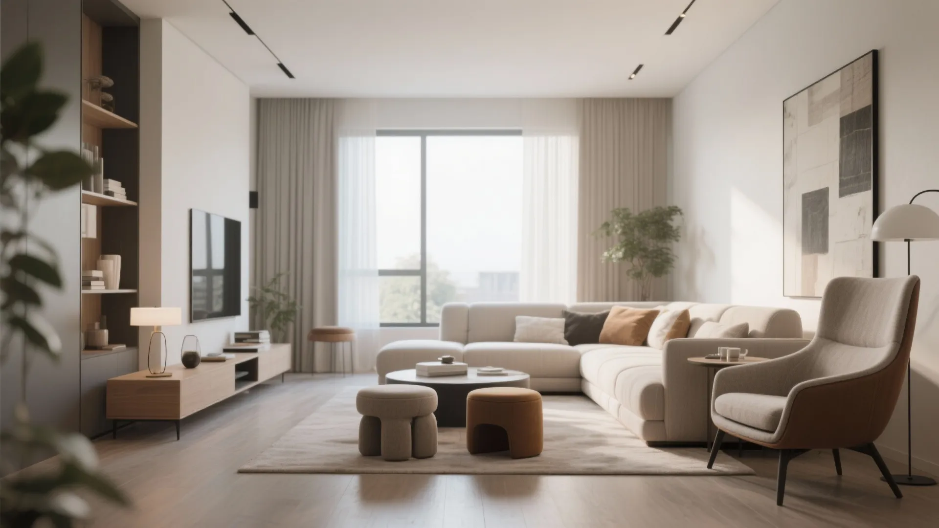 Modern living room with cream sectional sofa, grey armchair, two footrests, coffee table, and window