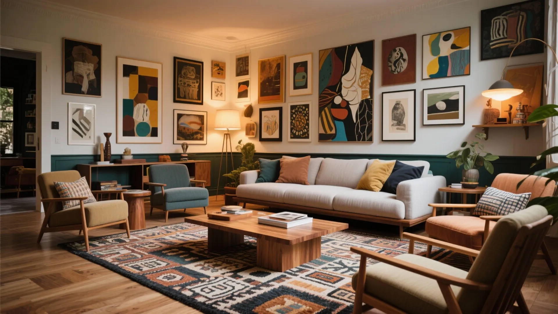 Eclectic living room featuring gallery wall many colorful art pieces sofa armchairs and patterned floor rug