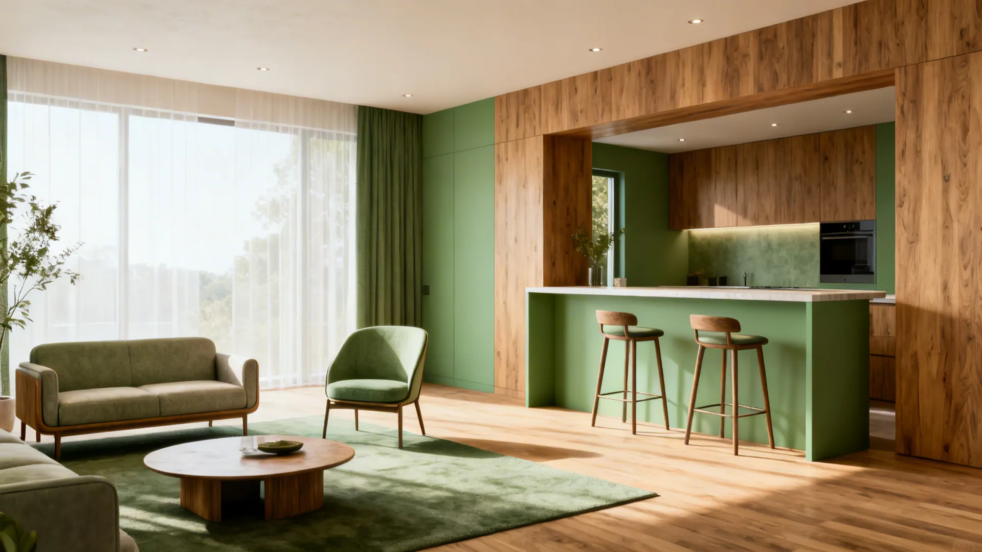 A loveseat, slim armchair, and counter stools arranged to create mixed seating heights in a small space.