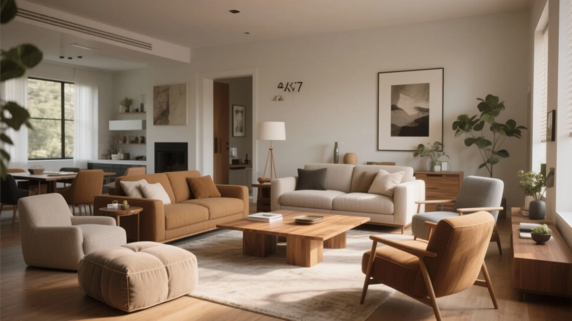 Open plan living room with mixed seating, wooden coffee table, tan sofa, armchairs, and footrest