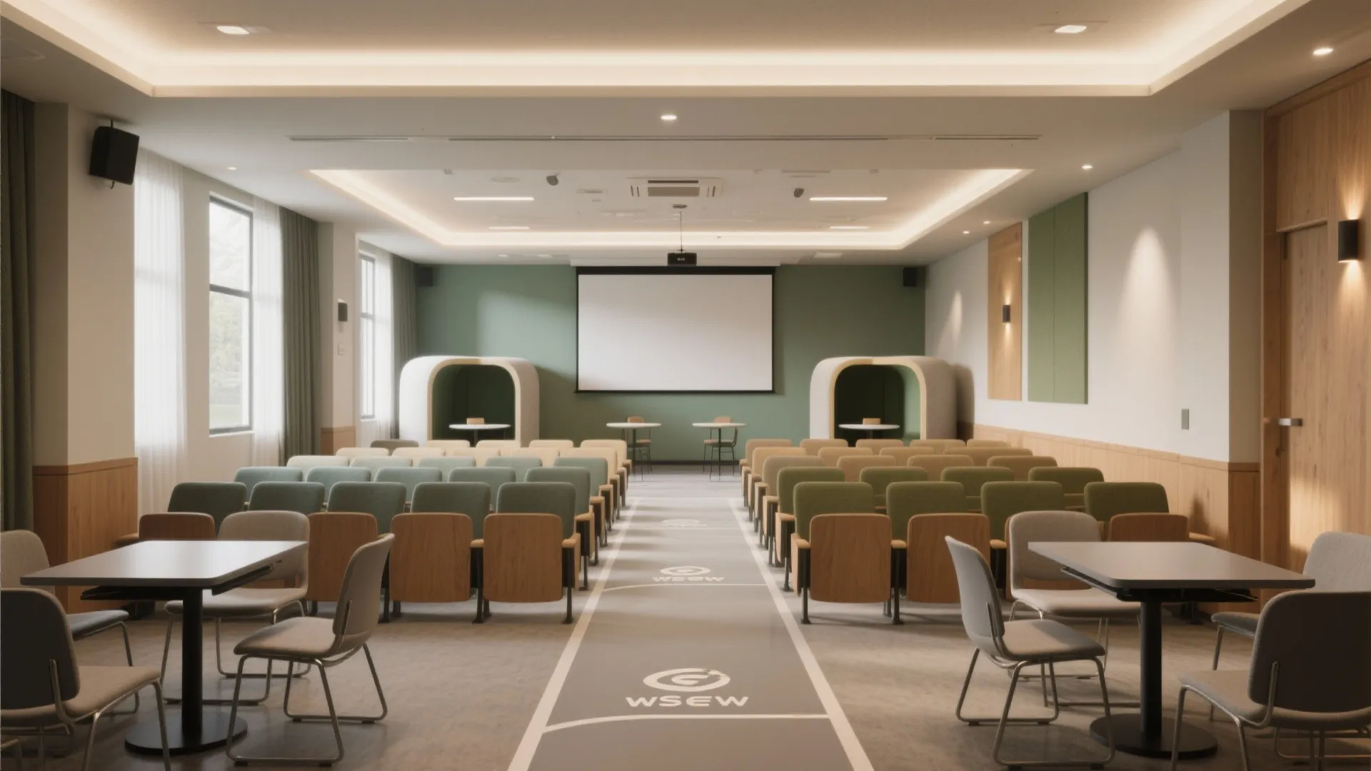 Modern lecture hall featuring green walls, rows of chairs, projector screen, and private seating pods