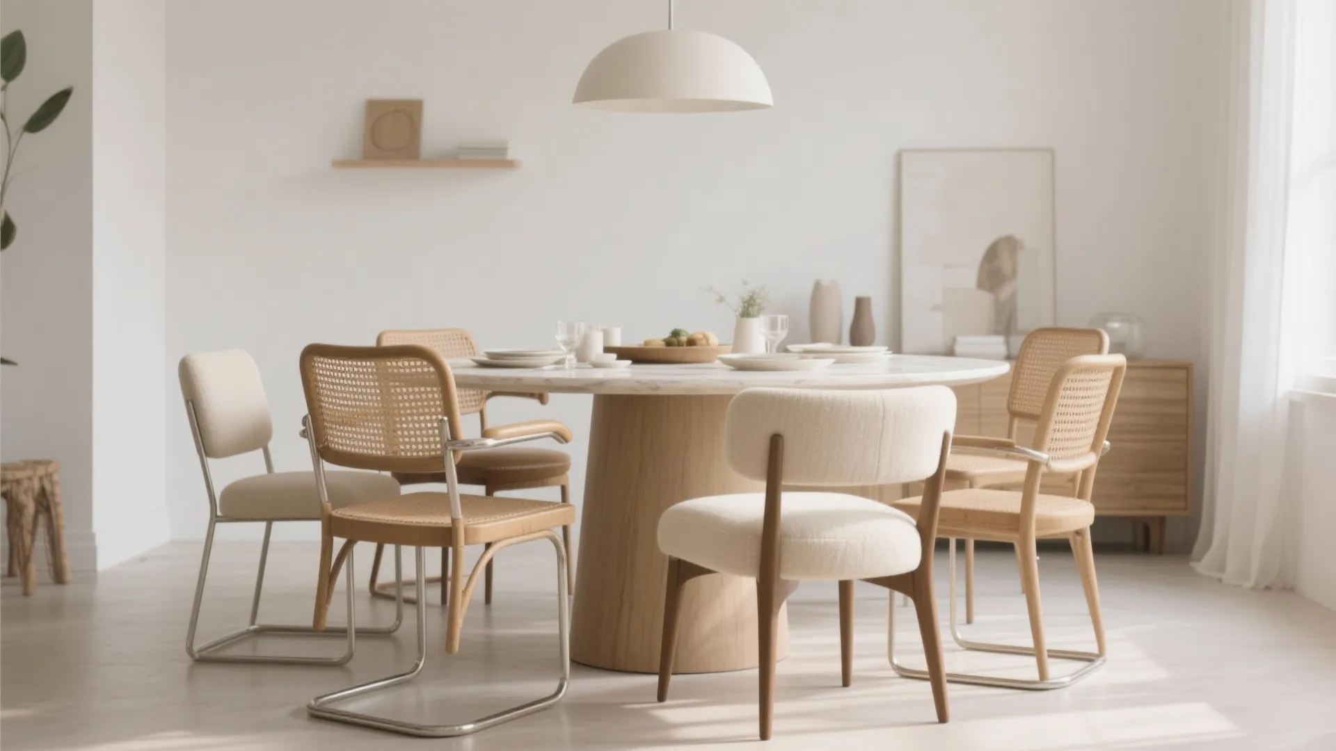 Round dining table with contrasting upholstered and cane chairs