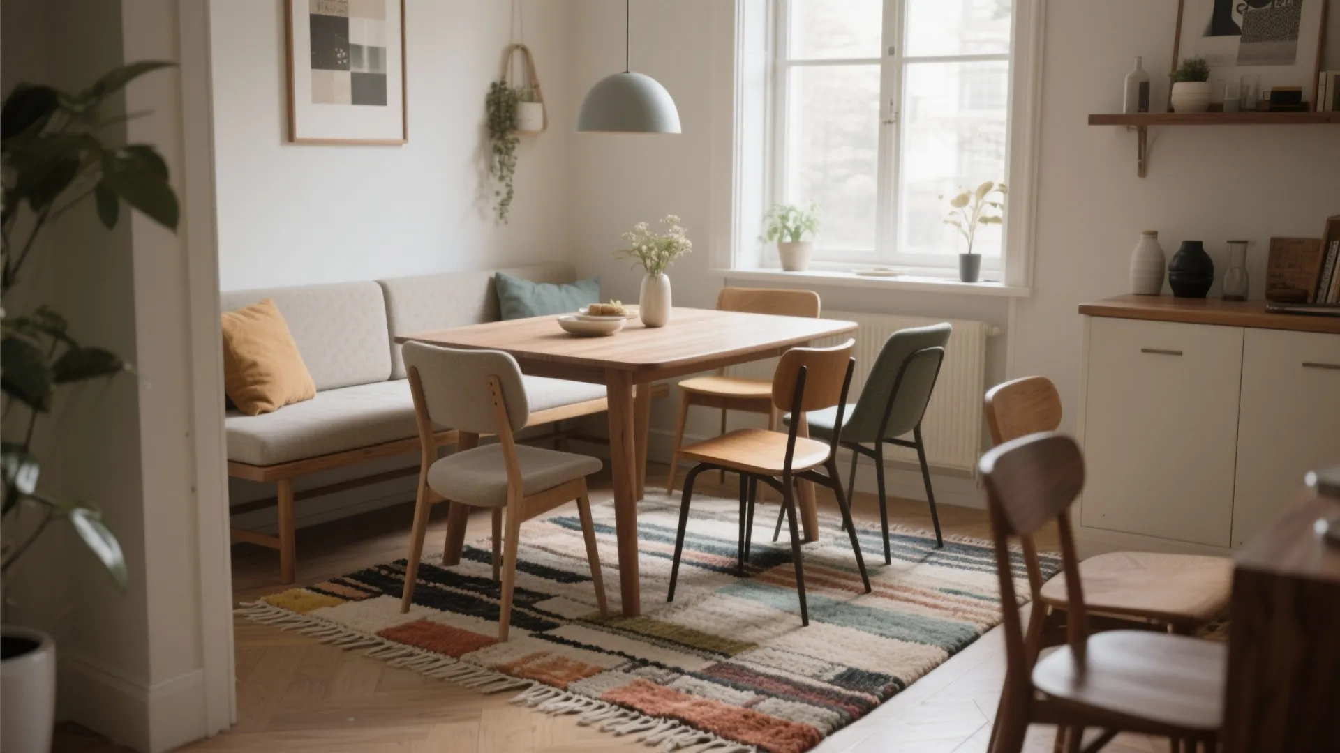 Dining table with mixed chairs and a bench on layered rugs, showing scale and how rugs define the dining zone.