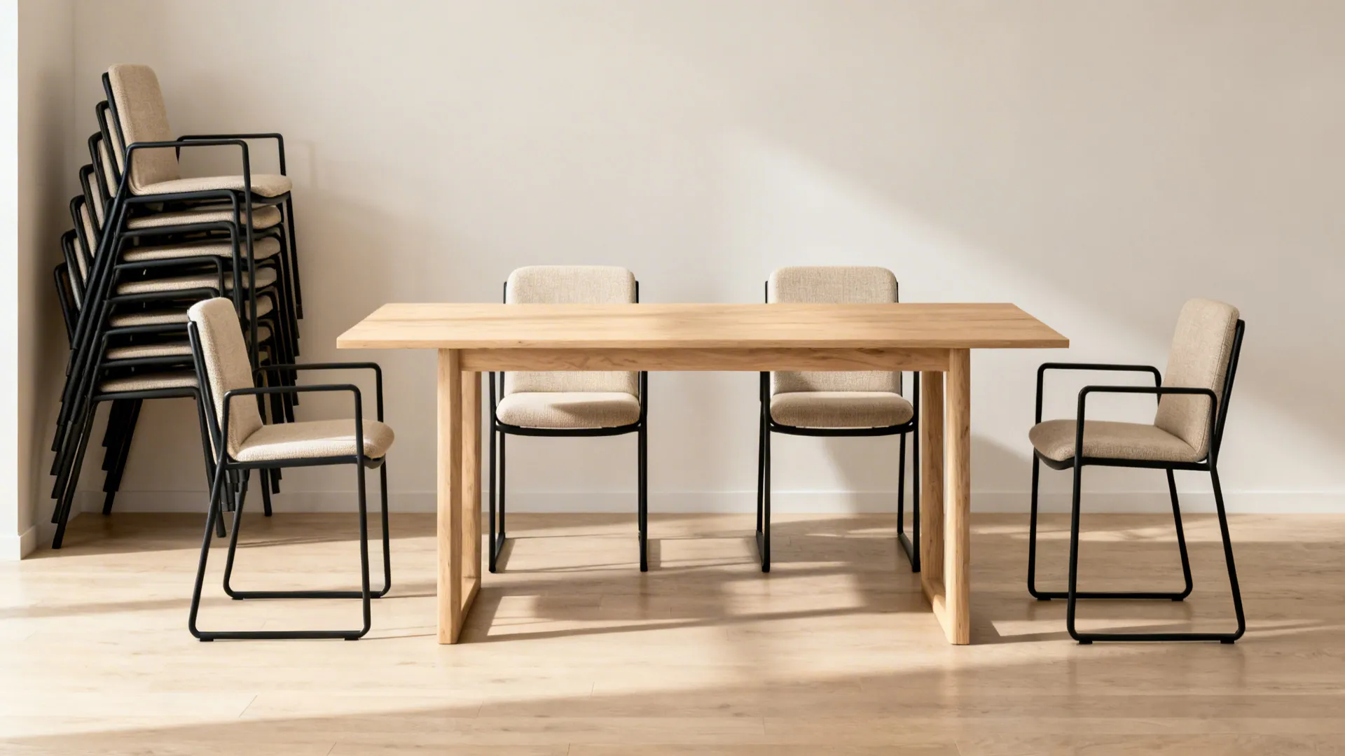 Rectangular wooden dining table with four beige chairs and a stack of extra chairs nearby