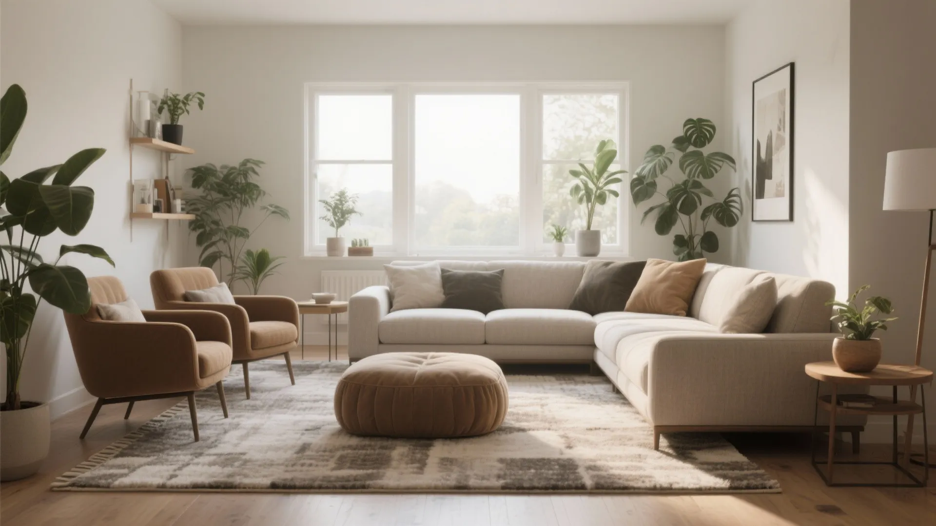 Modern living room with corner sofa two armchairs a round footrest rug and indoor green plants