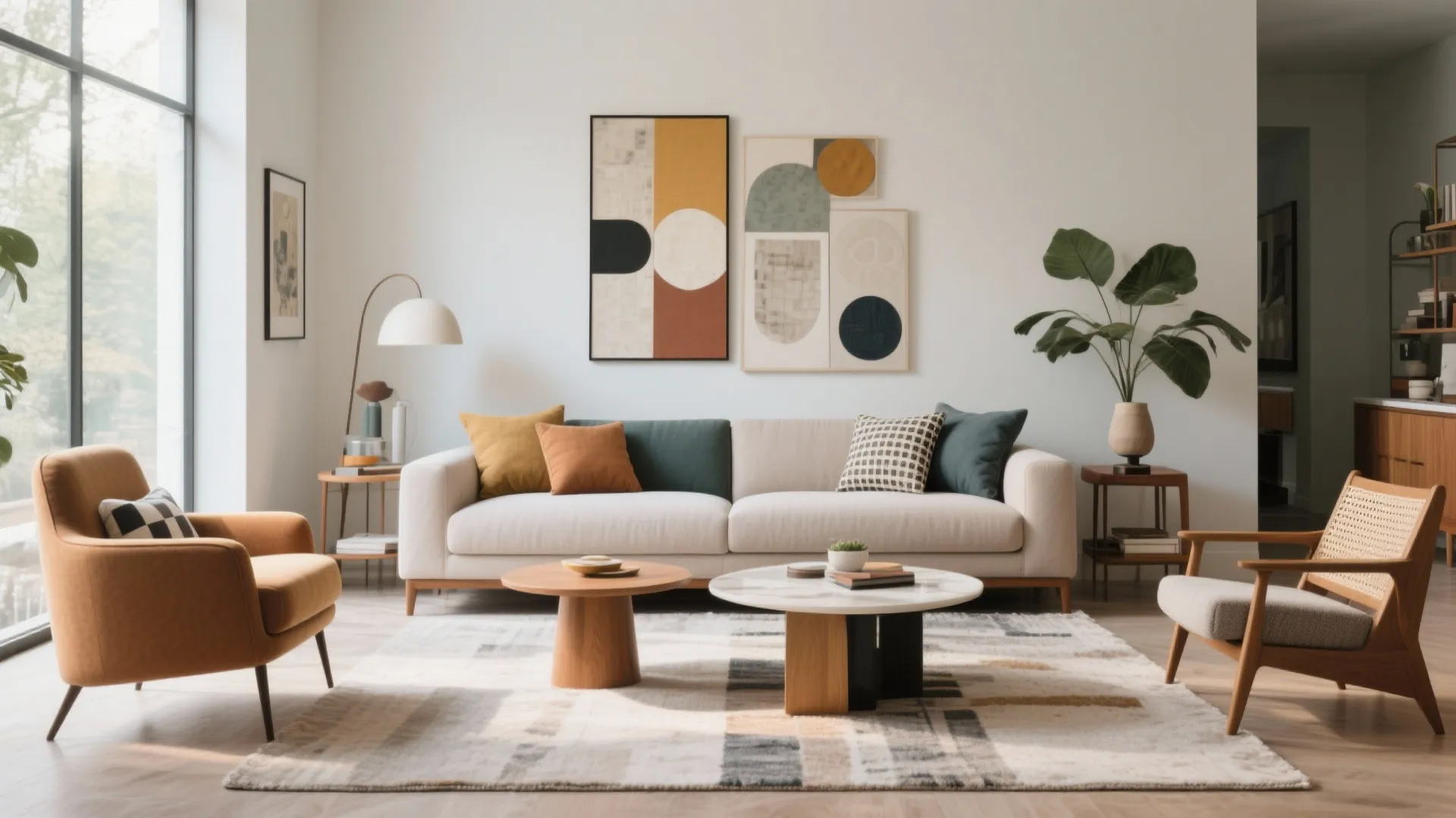 Modern bright living room featuring mixed seating styles white sofa orange armchair and colorful wall art