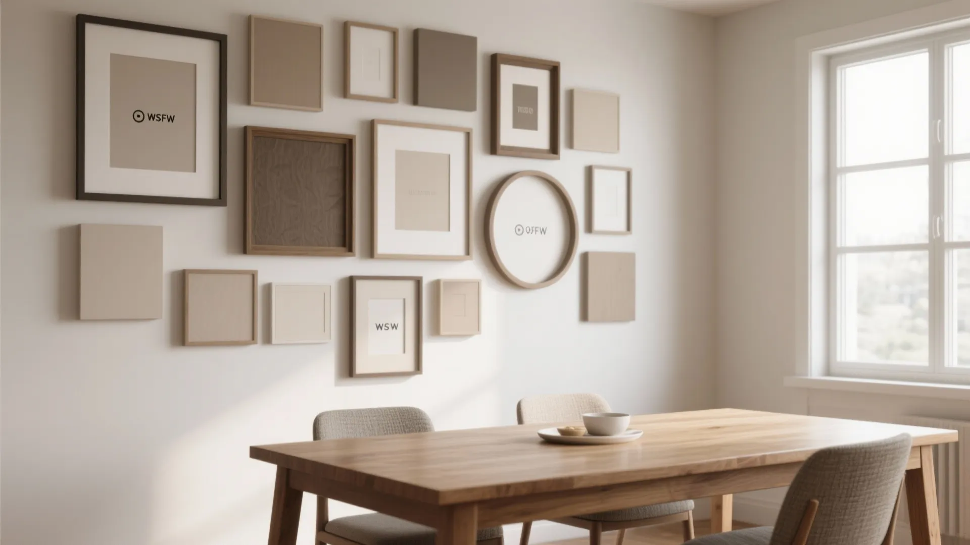Dining room wall with many different picture frames above a wooden table and three chairs