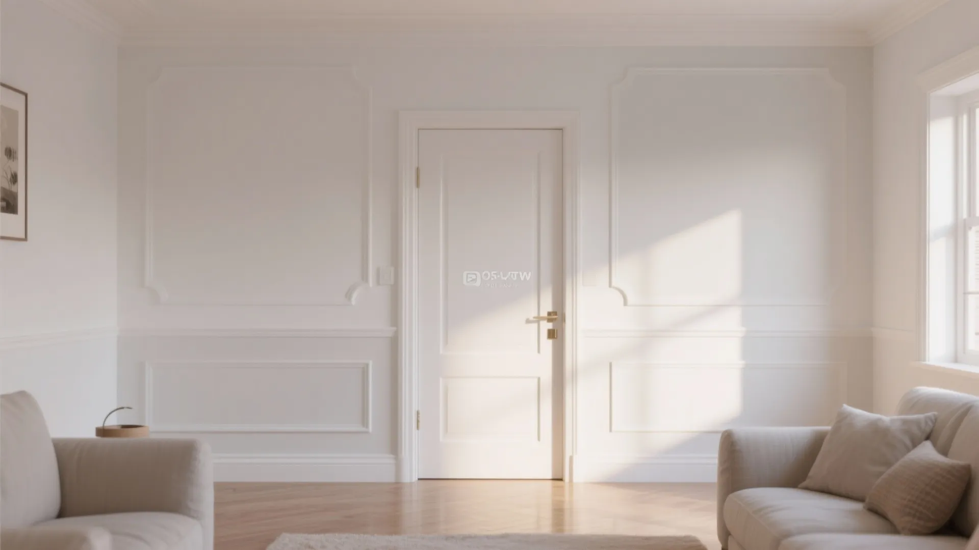 Minimalist white living room with wall panel details wooden floor sofa and a white closed door