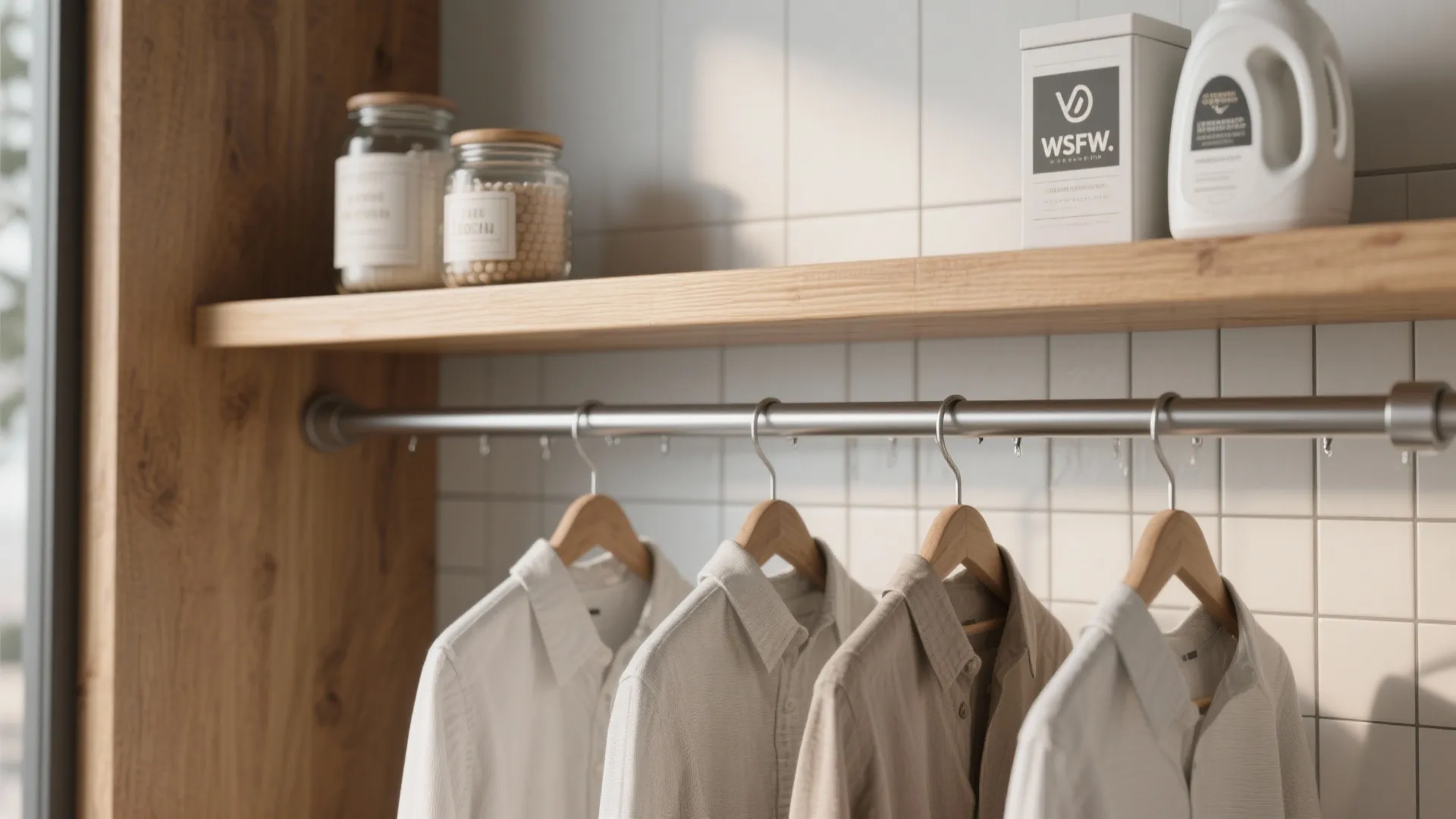 Wooden shelf and hanging rod with white shirts in laundry room with white tile wall