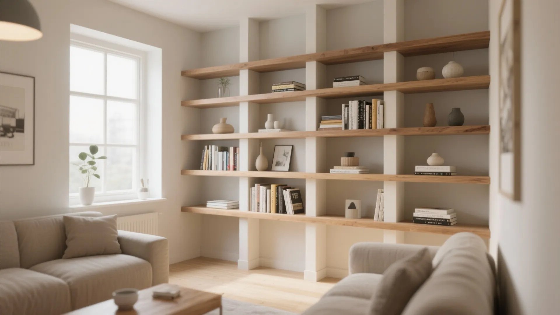 Modern white built-in bookshelf with wooden shelves holding books and vases next to a sofa