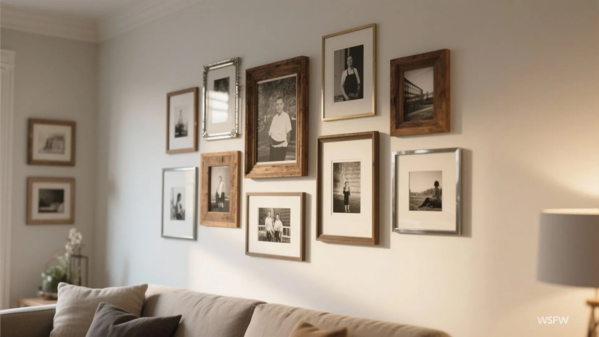 Interior design drawing showing a gallery wall with different sized wooden and metal picture frames