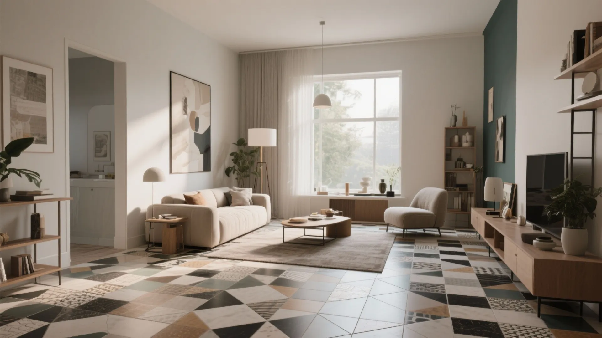 Eclectic living room with mixed-size tile flooring pattern