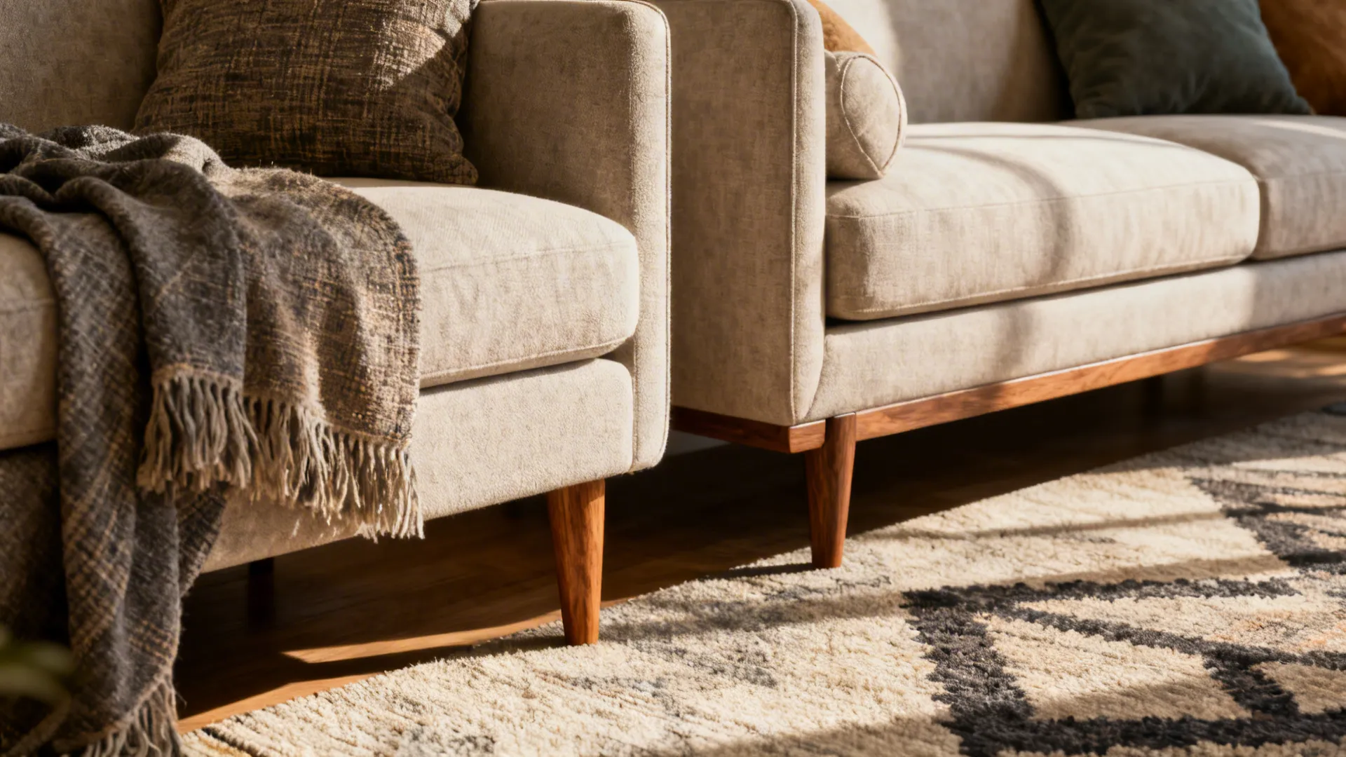 Close-up of two sofas with different heights and leg styles unified by cushions and a rug