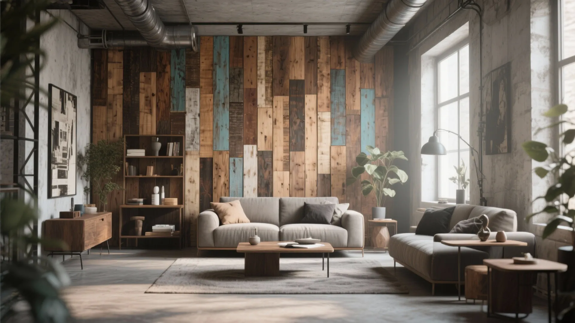 Loft living space with colorful wood panel wall, comfortable sofas, wooden shelves, and floor lamp