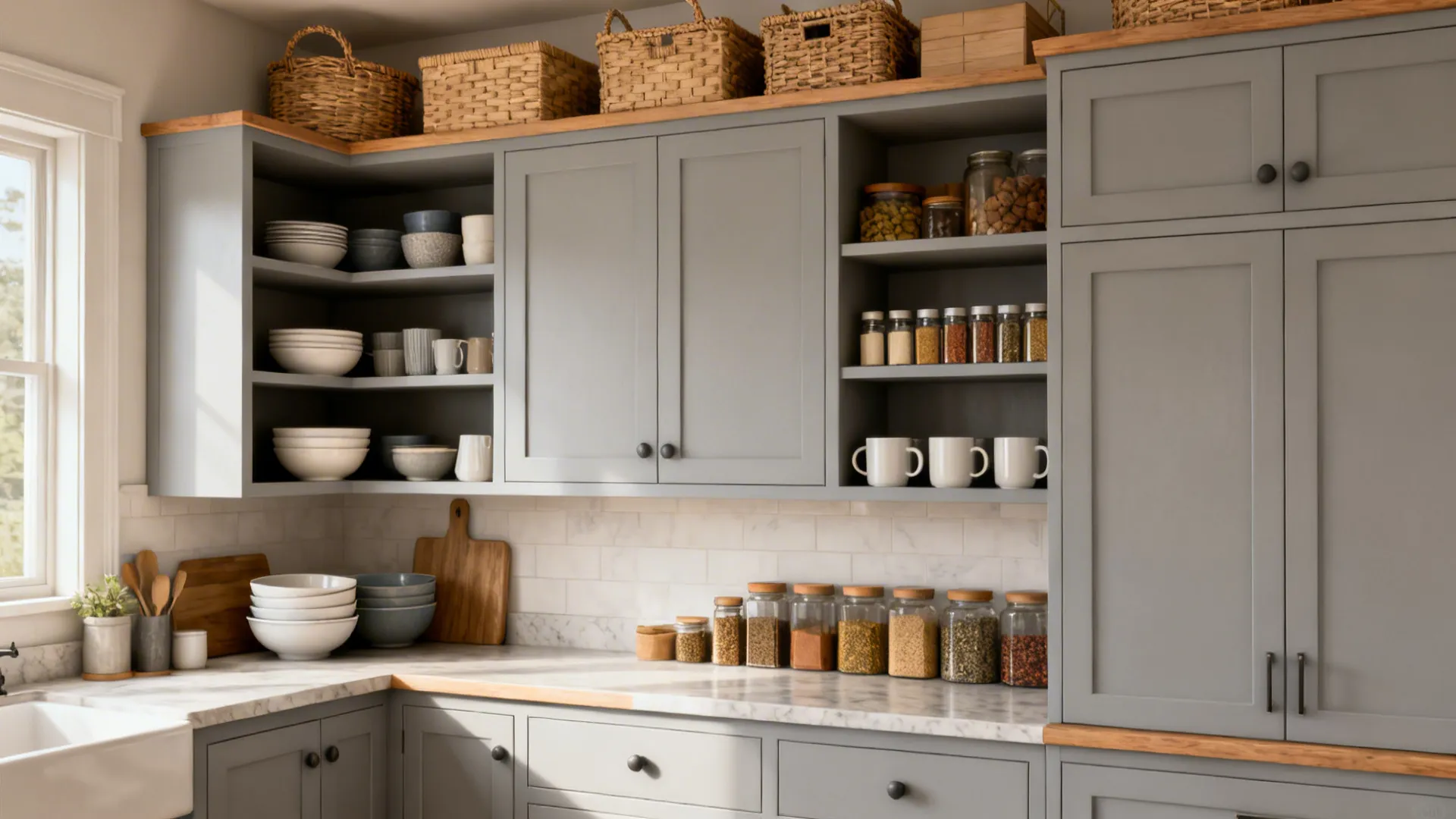 Small kitchen with open shelves for daily items and a few closed cabinets for hidden storage.
