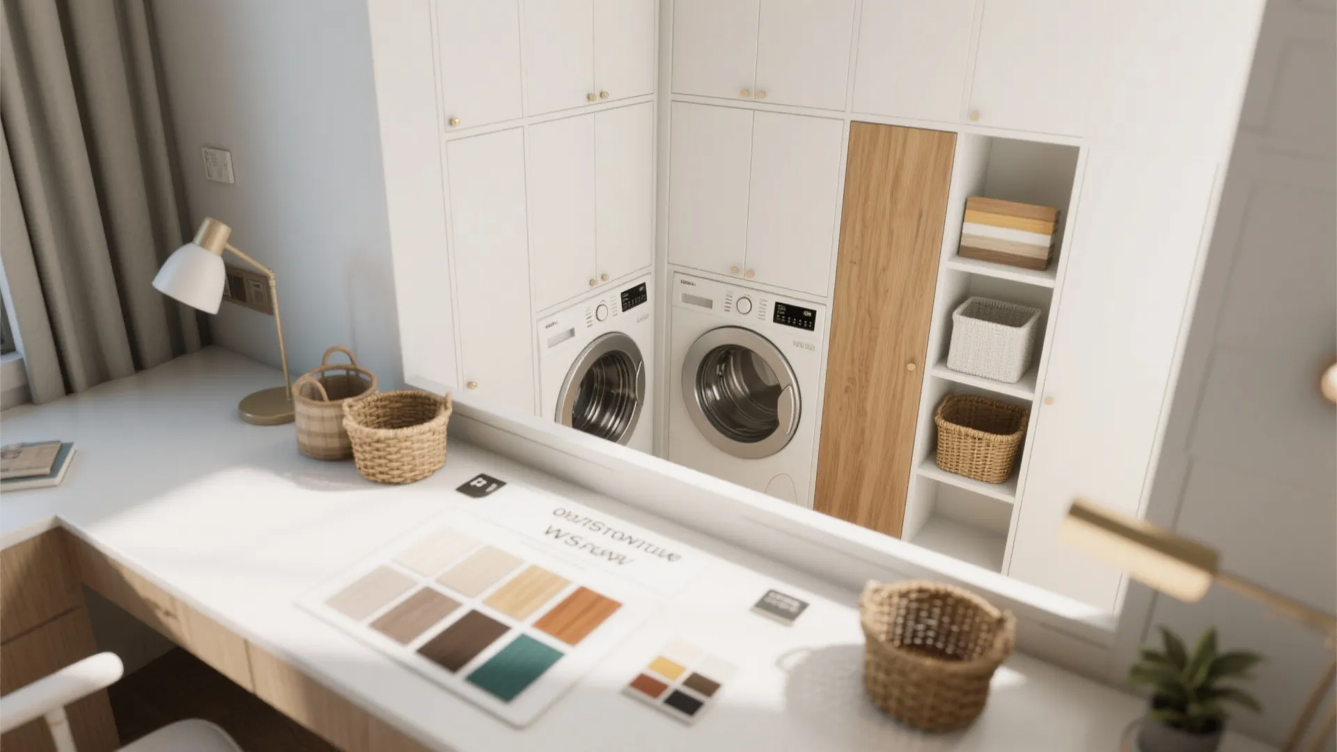 Laundry room interior design drawing showing white cabinets washing machine and baskets on desk area
