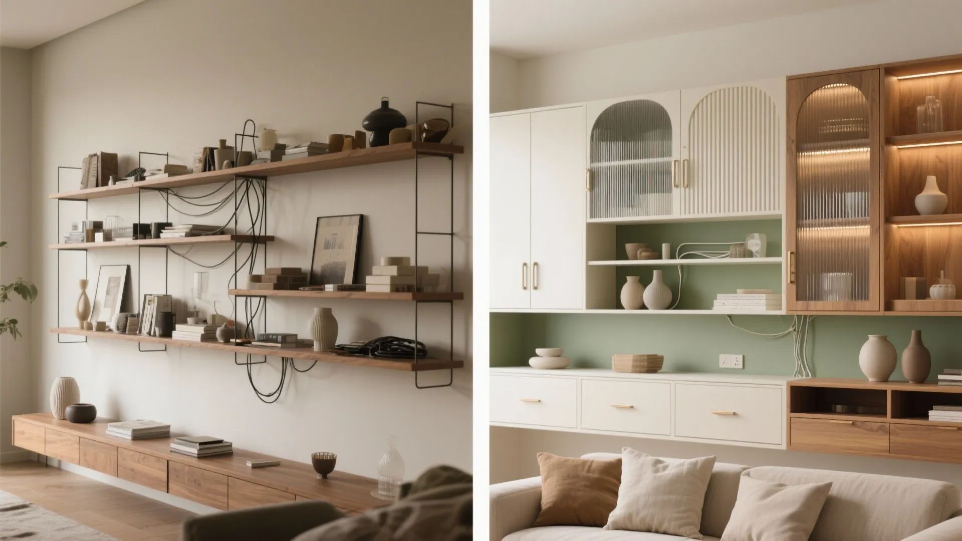 Before-and-after comparison of wooden open shelves versus organized wall cabinet units with glass door details