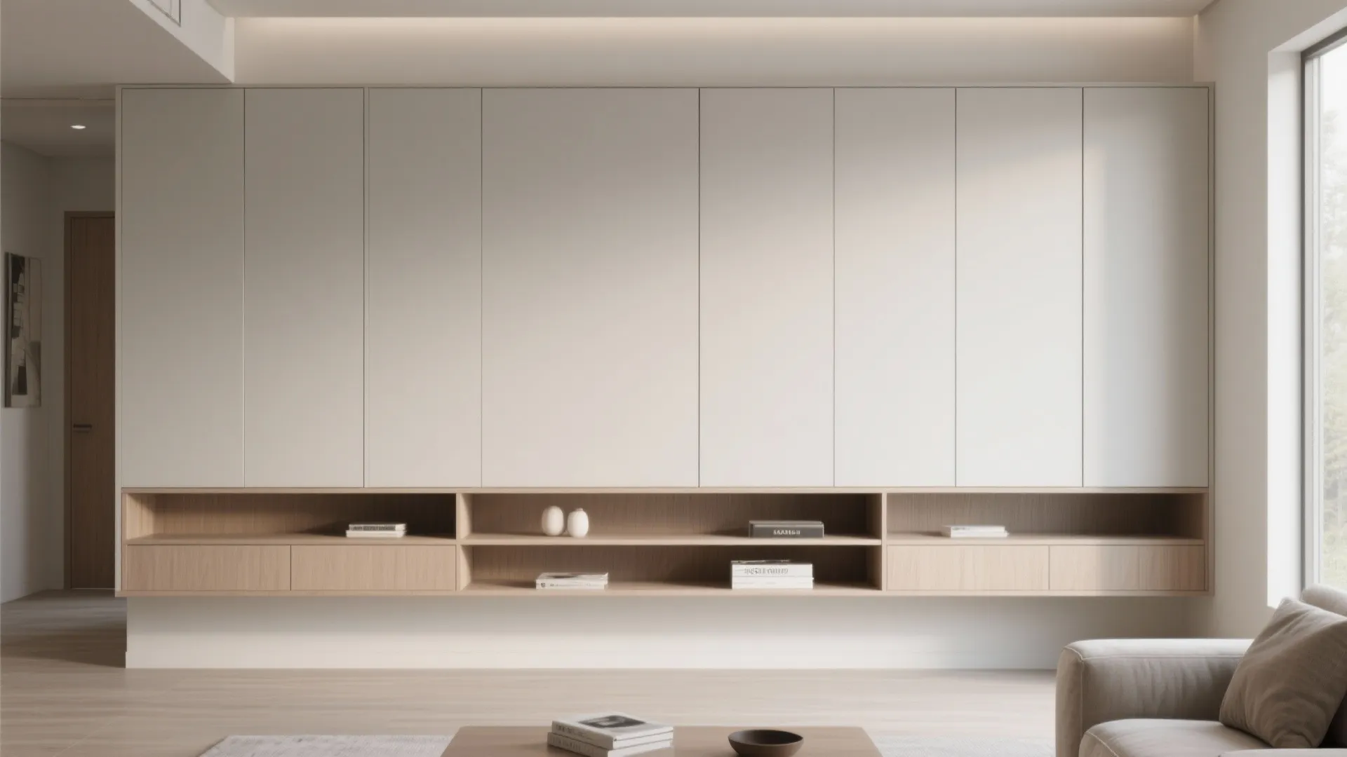 Minimalist white wall cabinet with wood open shelving unit displaying books in a modern home