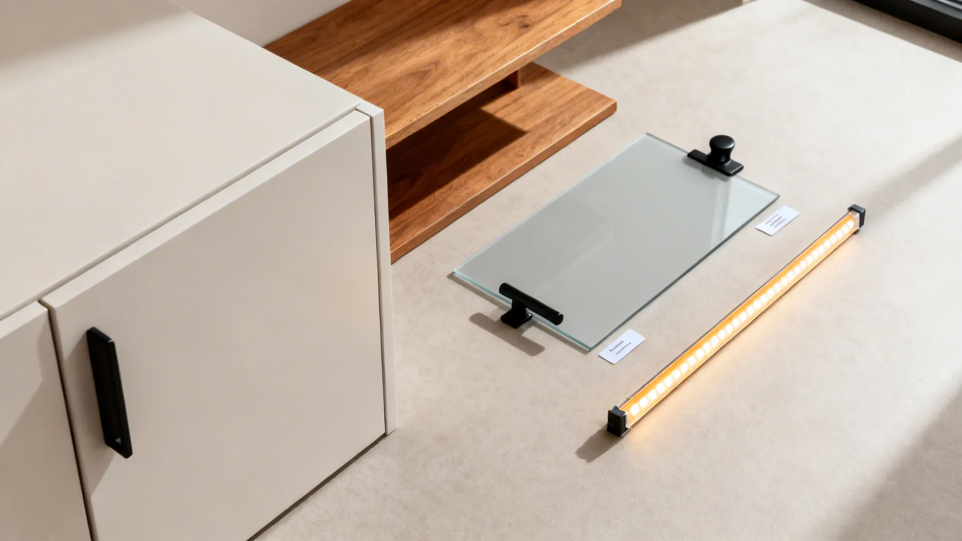 Flat lay with light cabinet finish, oak shelf, pale gray glass, matte black hardware, and warm LED strip.
