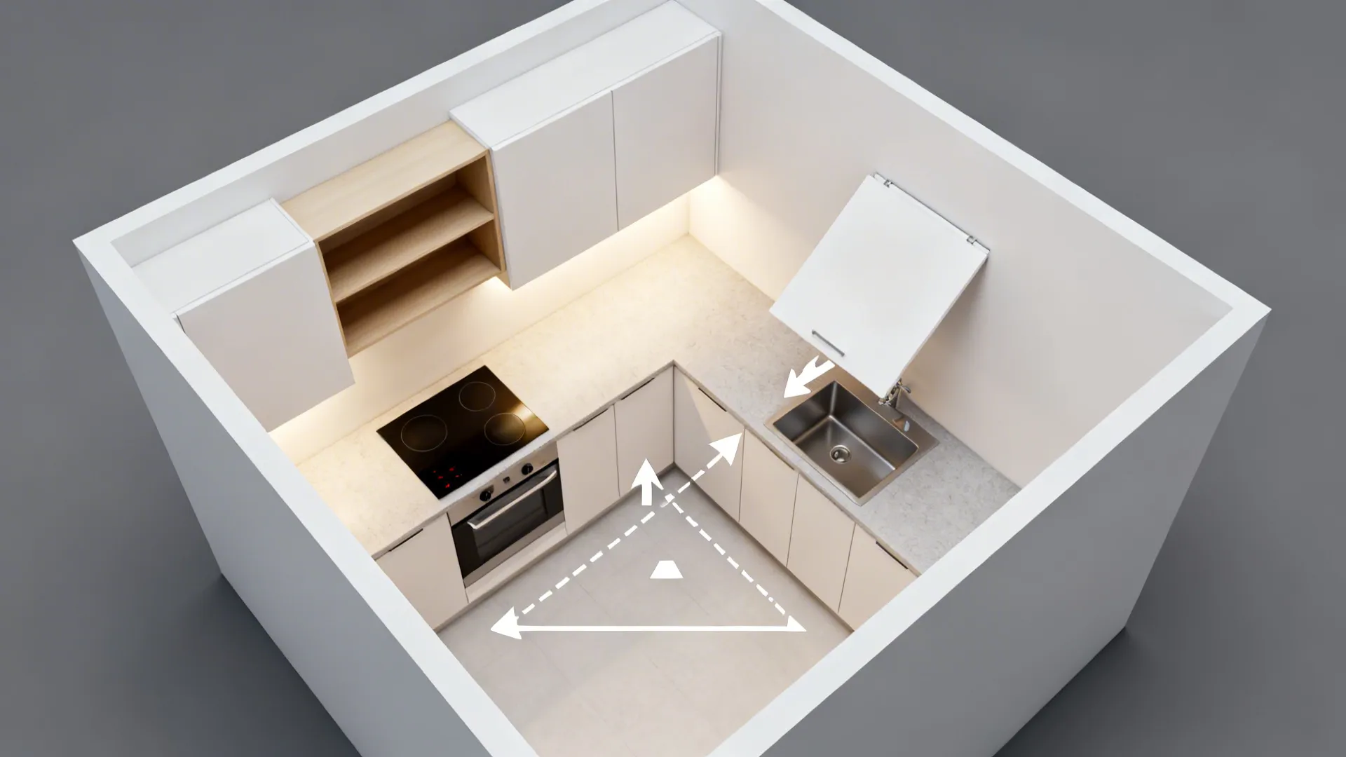 Top-down L-shaped kitchen plan showing open shelf and lift-up cabinet zones.