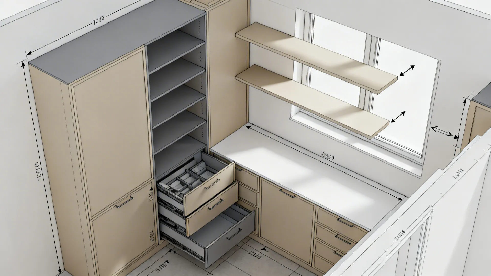 Mixed storage: tall pantry towers and open shelves