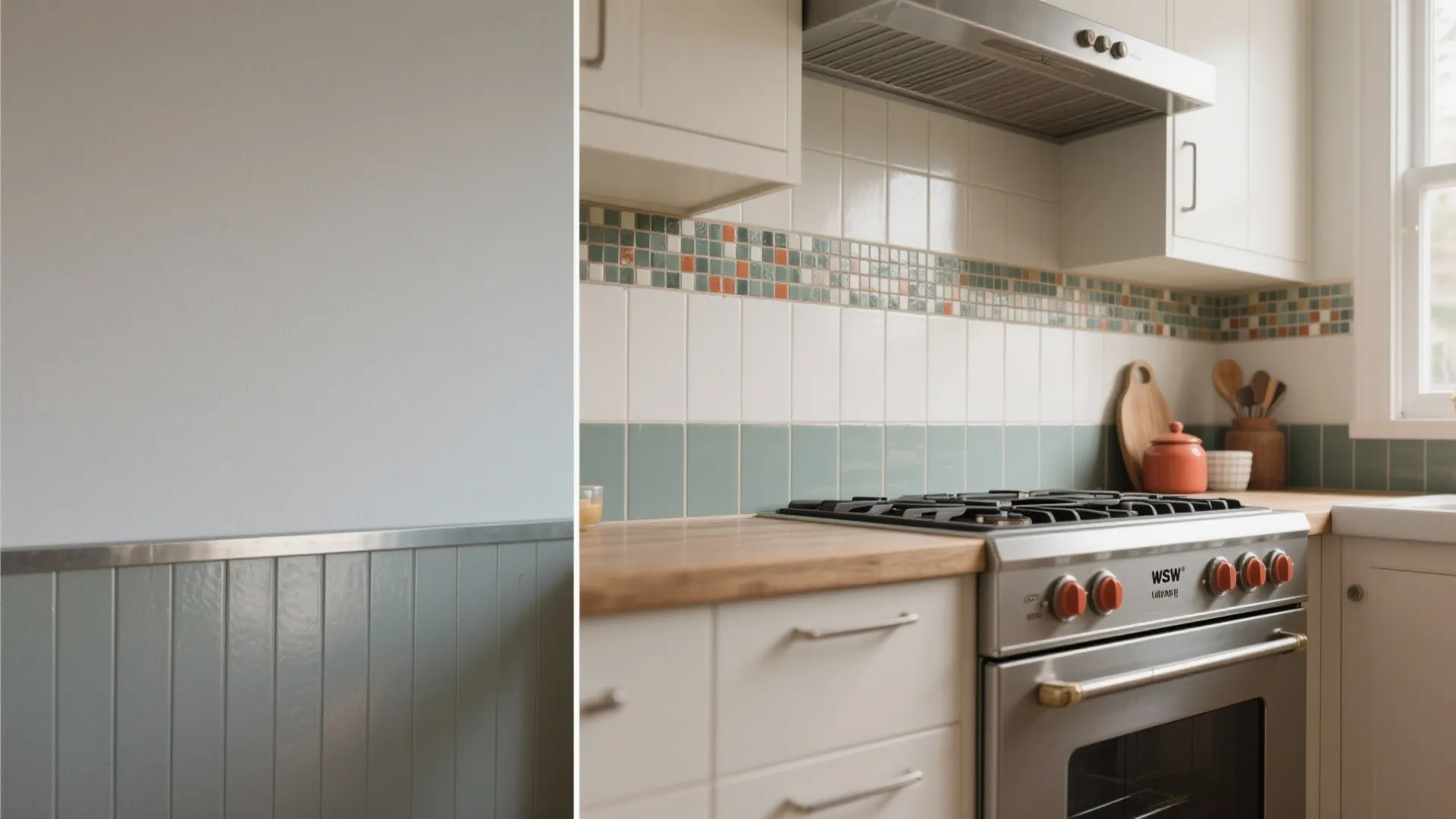 Comparison of a grey wall panel versus a kitchen with mosaic tiles and wooden countertop